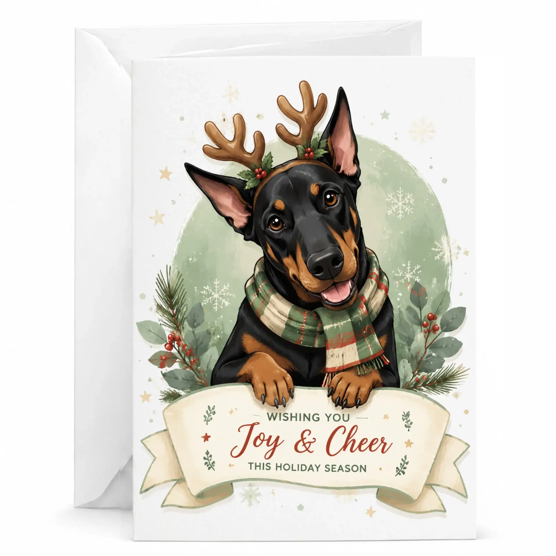 Greeting Card Wishing You Joy and Cheer Holiday Season Featuring a Festive Doberman Dog with Reindeer Antlers