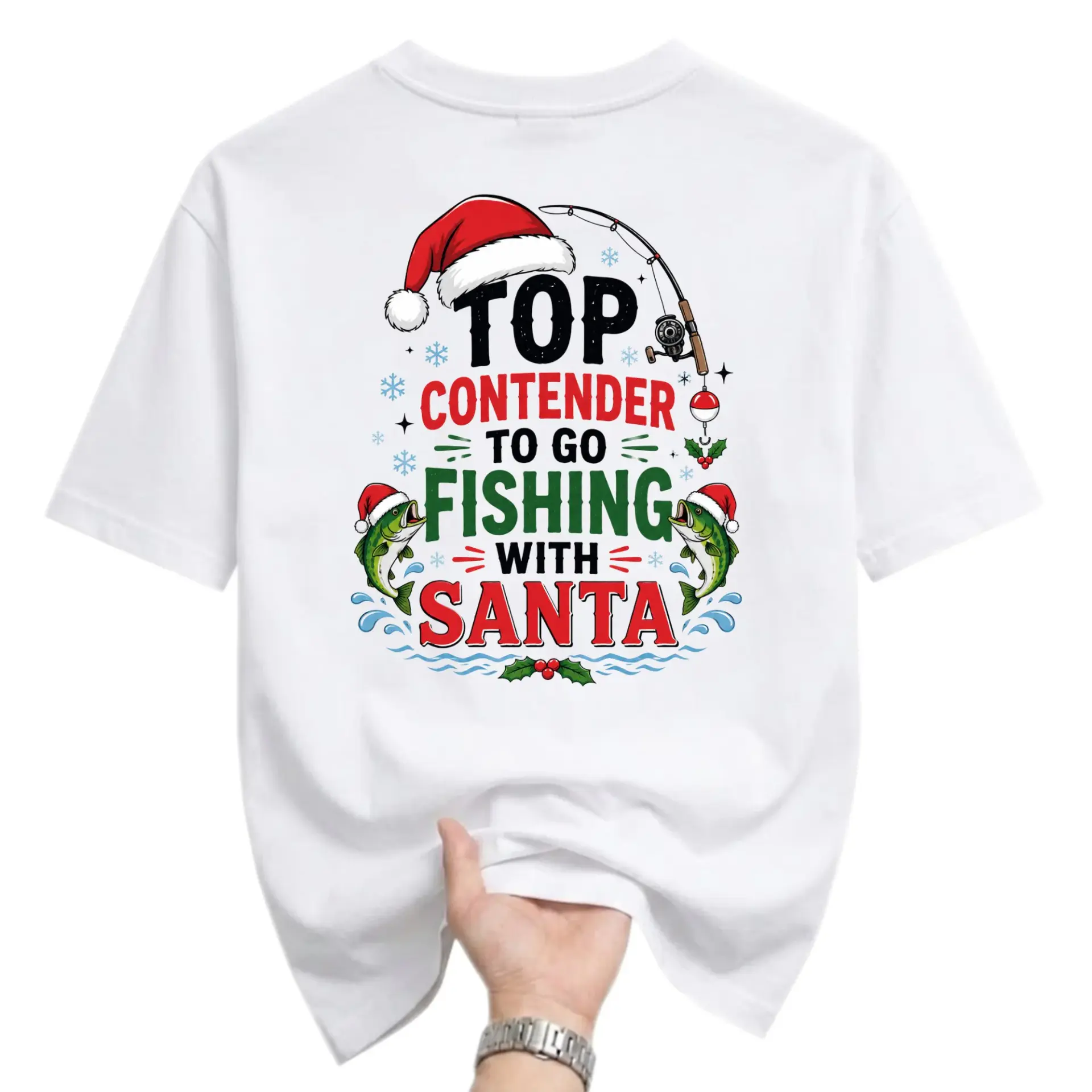 Graphic Tee Top to Go Fishing with Santa Holiday Unisex Casual Crew Neck Comfortable Cotton Blend Shirt