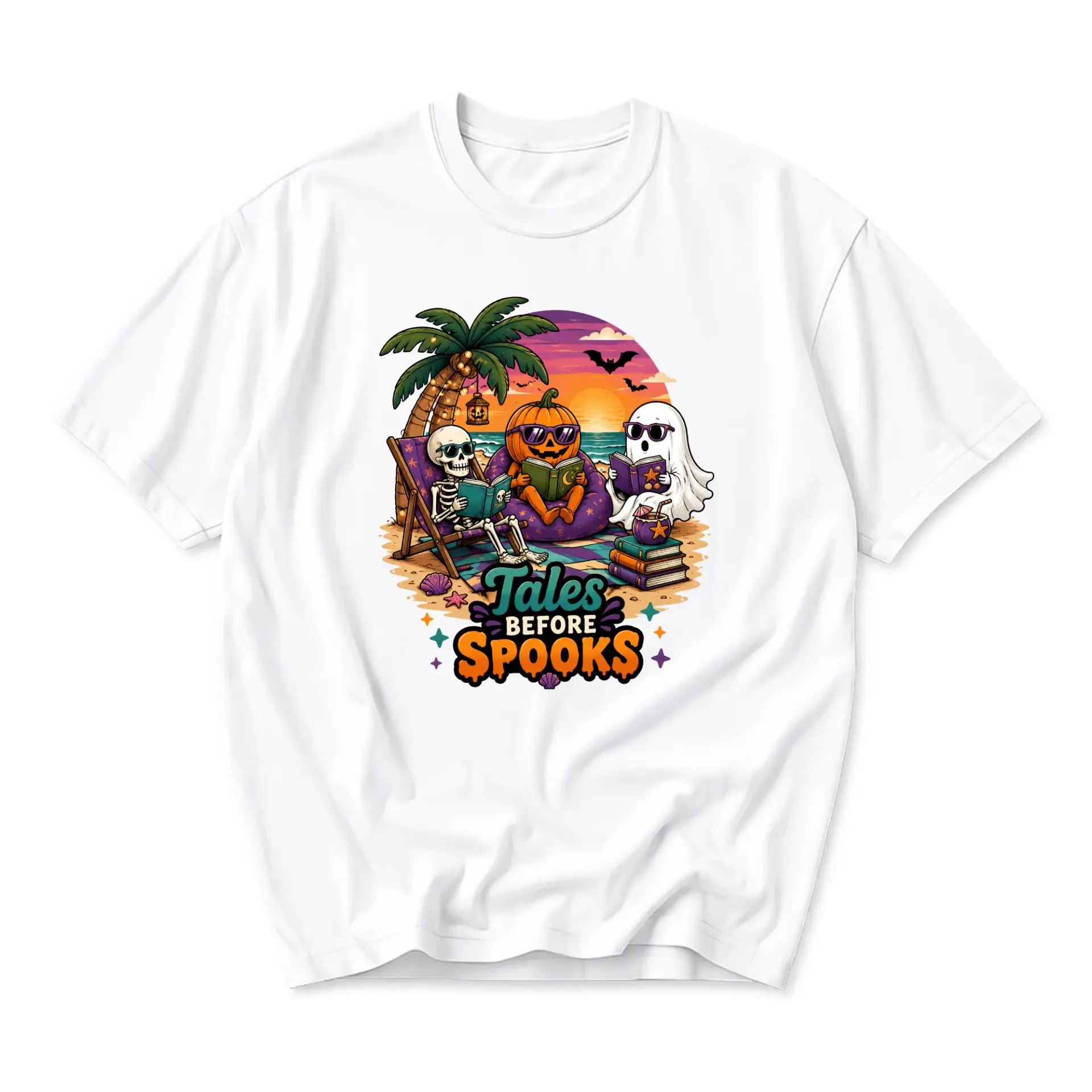 T-shirt Tales Before Spooks Graphic Tee Tropical Skeleton Pumpkin Ghost Reading Illustration Unisex Crew Neck Top
