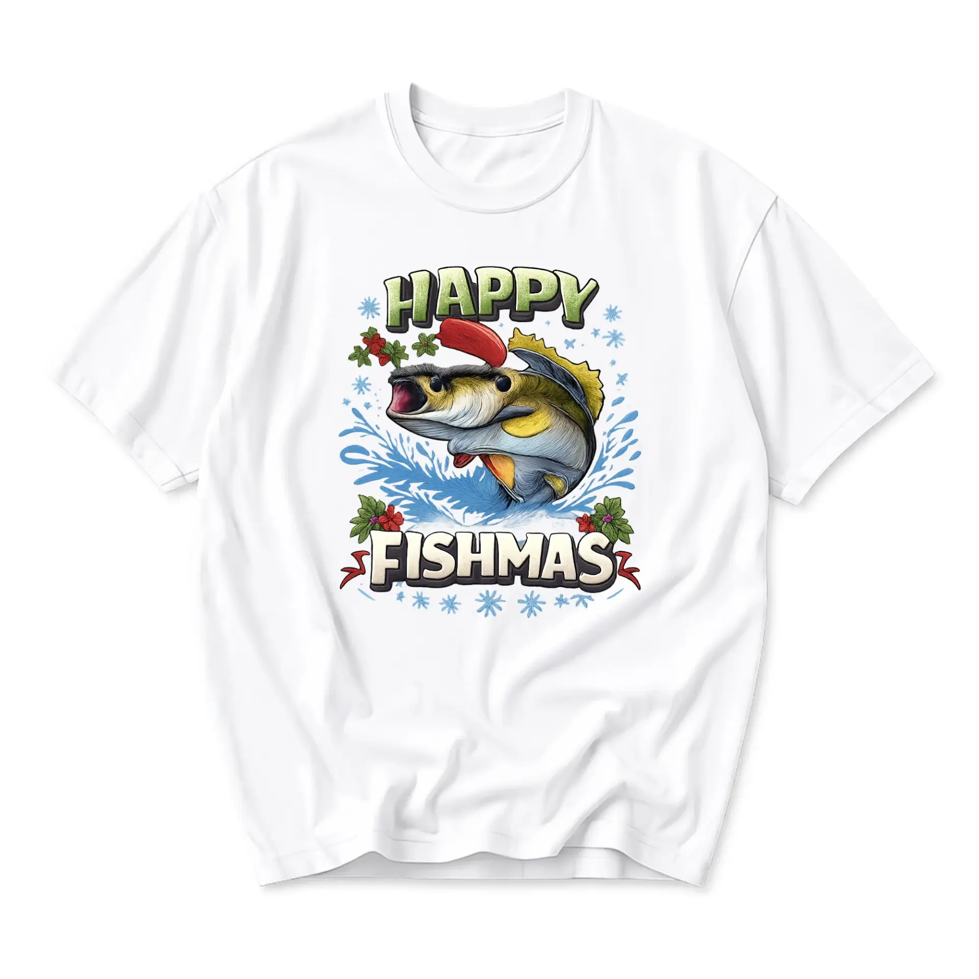 Funny Shirt Happy Fishmas Graphic Tee Retro Holiday Fishing Themed Unisex Crew Neck Short Sleeve Casual Cotton Top