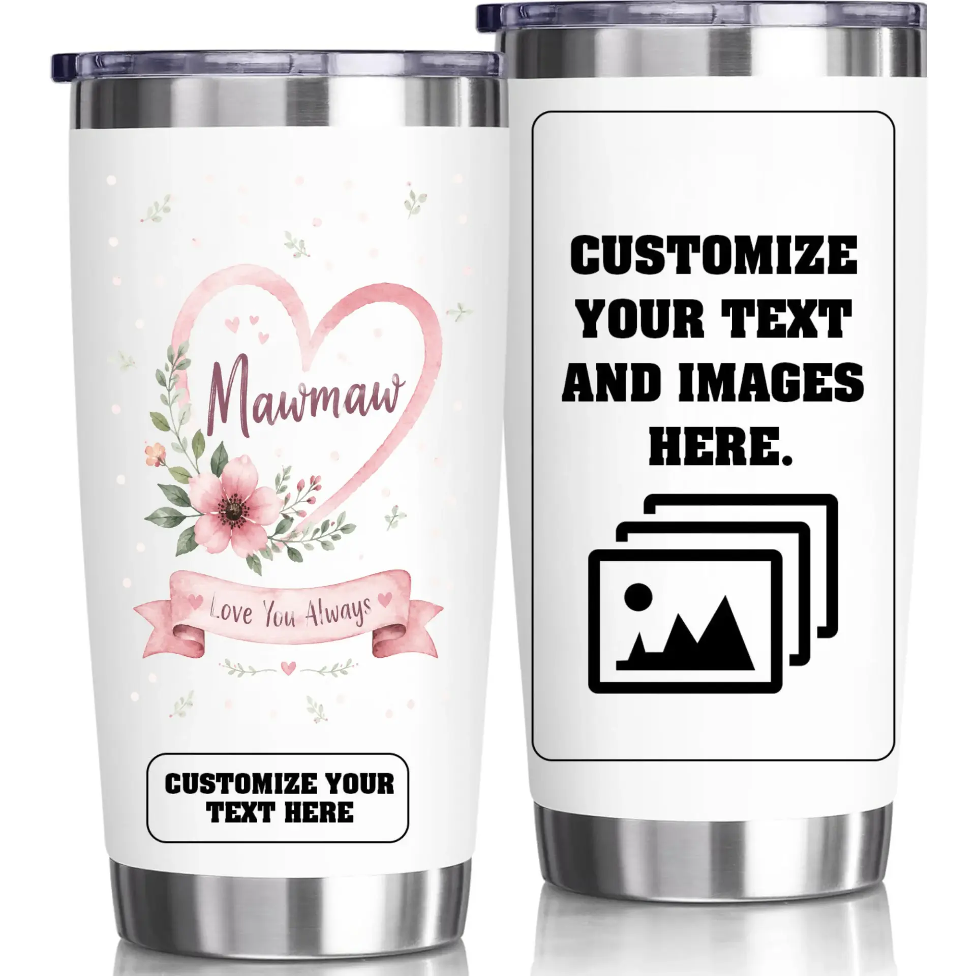 Stainless Steel Tumbler Mawmaw Floral Heart 20oz Insulated Cup for Coffee and Tea Personalized Gift Travel Drinkware