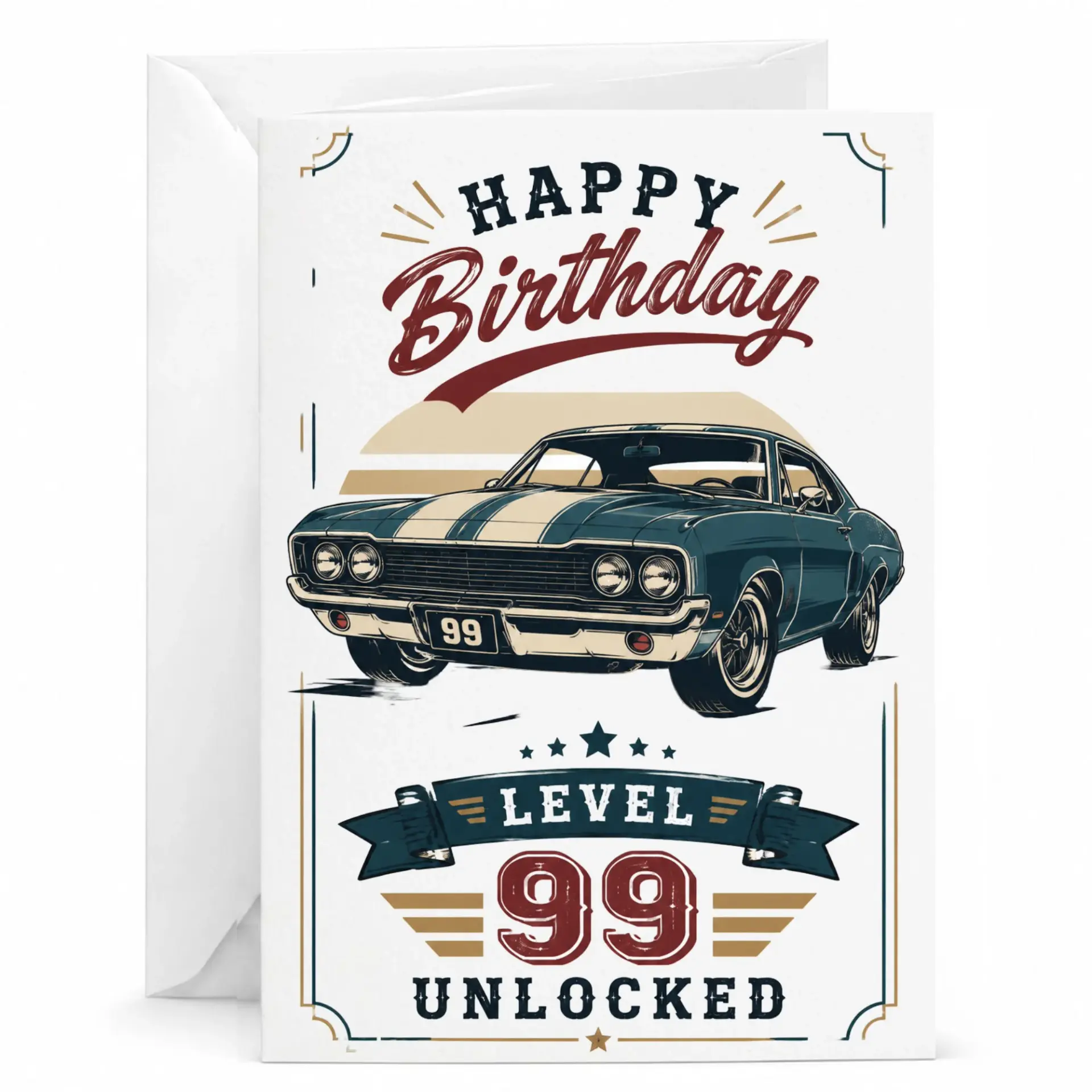 Birthday Card Level 99 Unlocked Vintage Car Greeting Card for Milestone 99th Birthday Celebration with Included Envelope