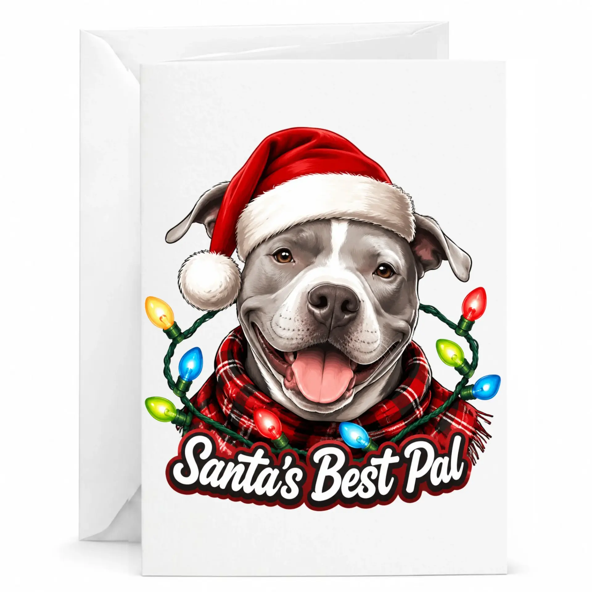 Funny Dog Christmas Greeting Card Santa’s Best Pal Festive Pitbull Holiday Note Card for Friends and Family Members