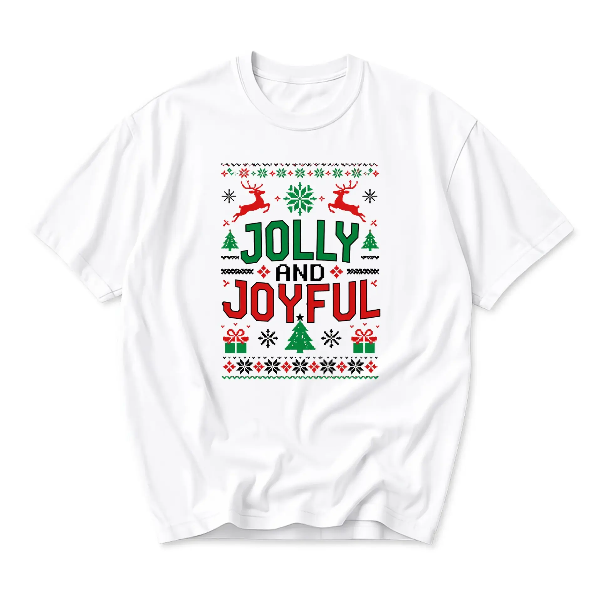 Graphic Tee Jolly and Joyful Holiday Sweater Pattern Print Unisex Crew Neck
