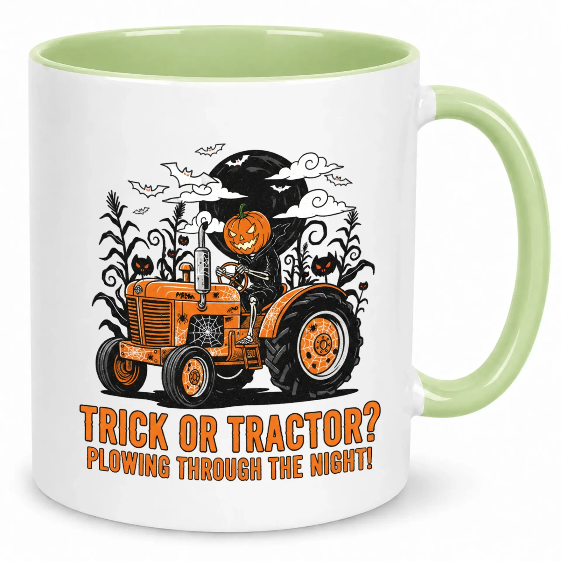 Funny Halloween Coffee Mug Skeleton Pumpkin Driving Tractor Trick or Plowing Through the Night Ceramic Drinkware