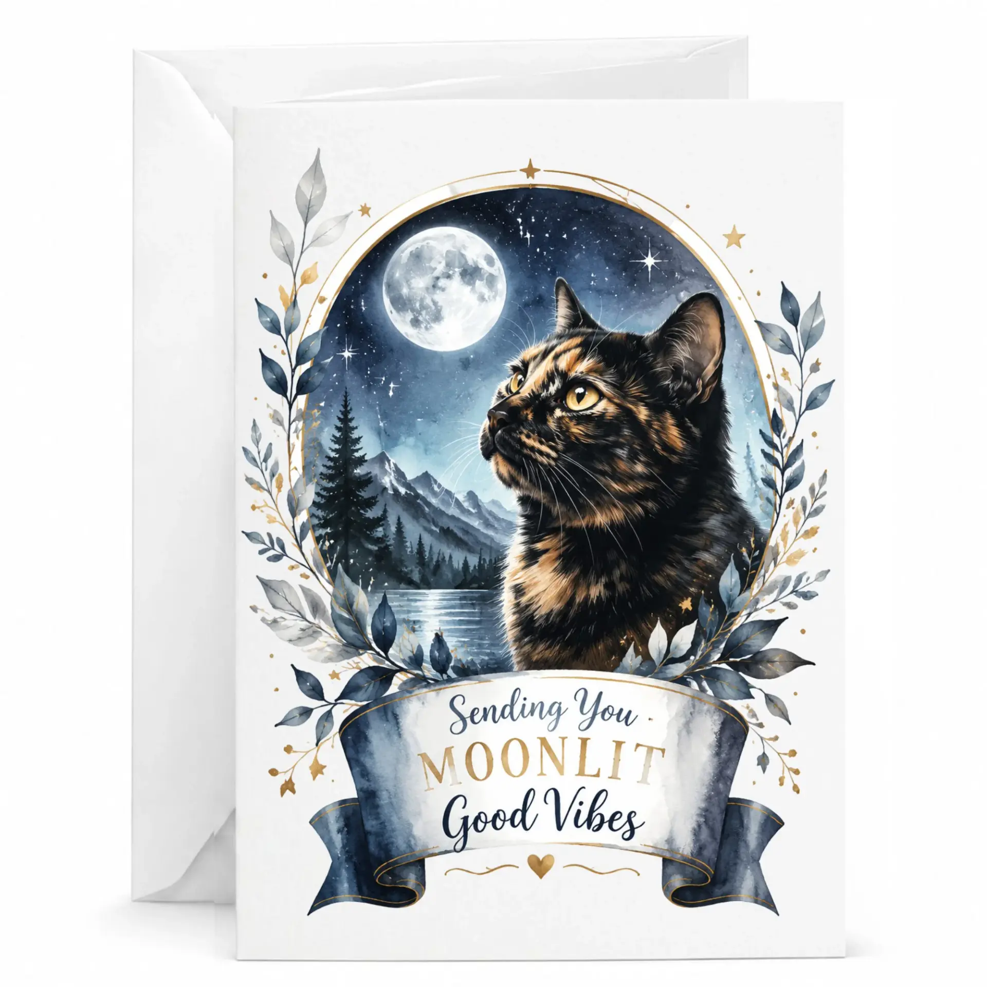 Greeting Card Moonlit Cat Illustration Celestial Nature Art Print Featuring a Tortoiseshell Kitten at