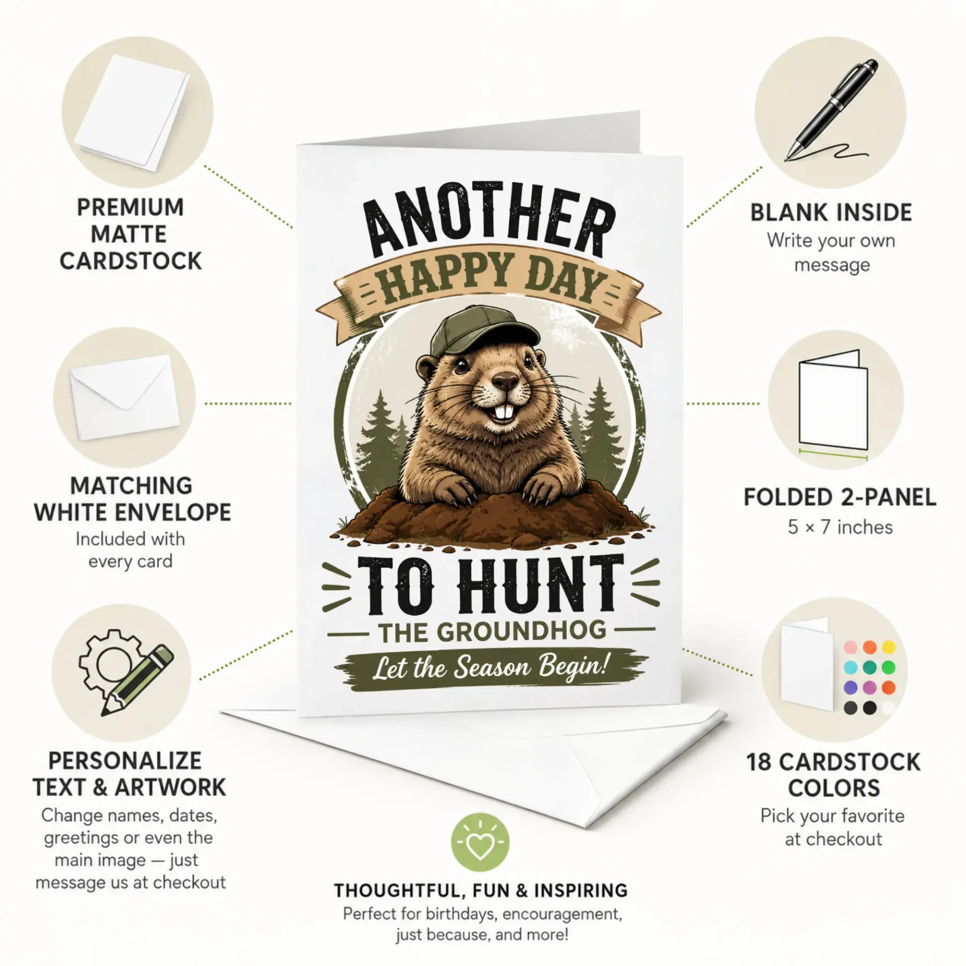 Funny Groundhog Hunting Greeting Card with Envelope for Outdoor Enthusiasts and Nature Lovers Themed Stationery