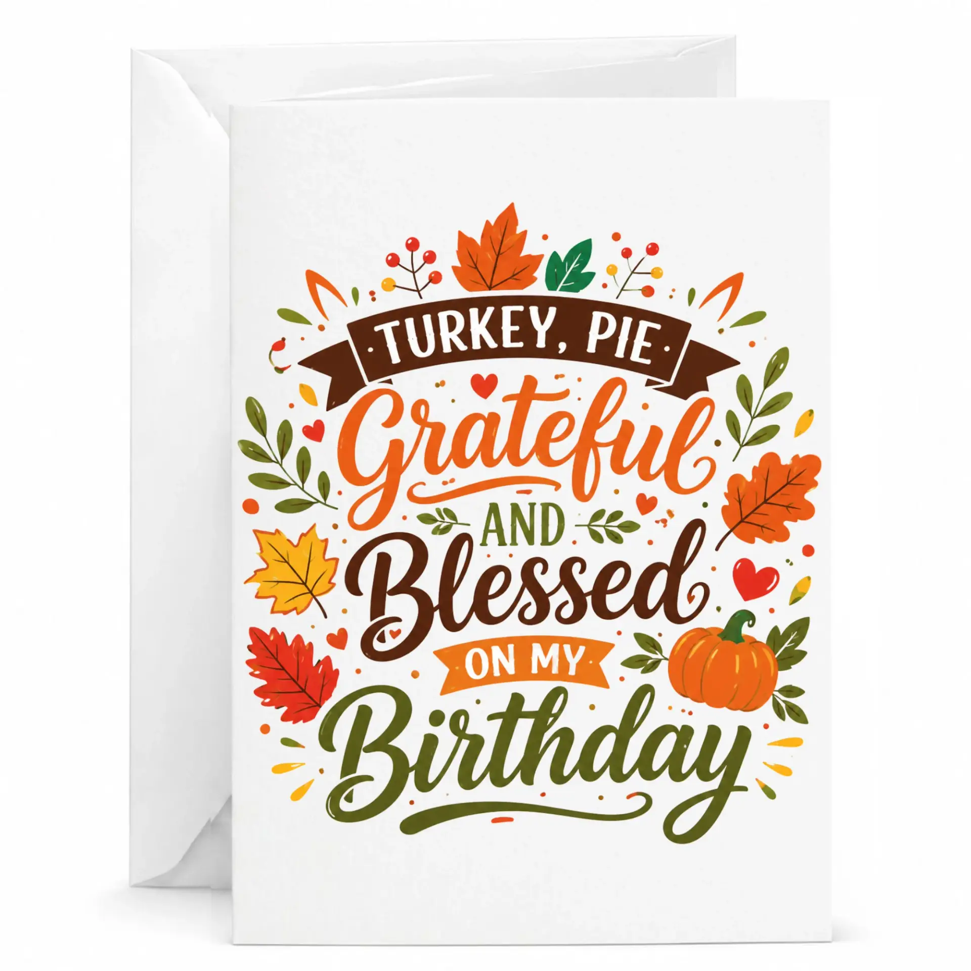 Greeting Card Turkey Pie Grateful and Blessed on My Birthday Festive Fall Theme Seasonal Celebration Note Card