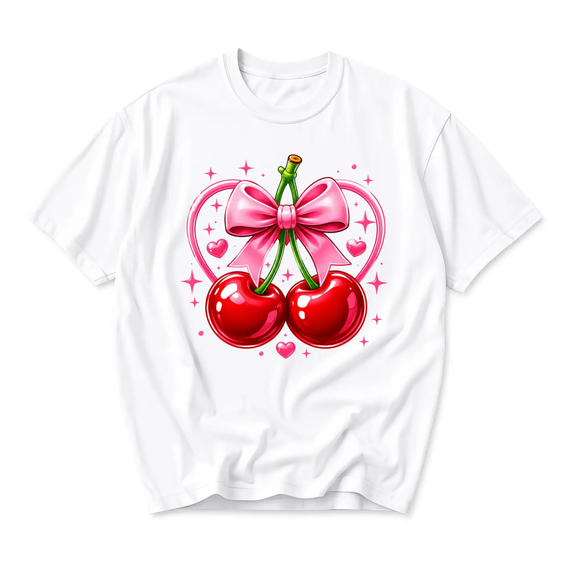 Graphic Tee Unisex Cherry Bow Illustration Crew Neck Short Sleeve Cotton Blend Shirt for Everyday Casual Wear