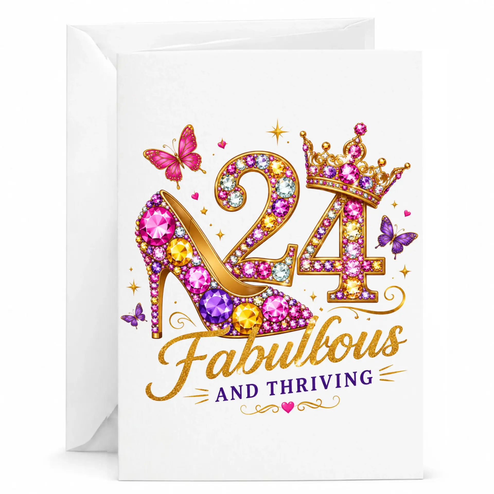 Birthday Greeting Card 24 Fabulous and Thriving Design with Jeweled Stiletto High Heel and Crown Illustration