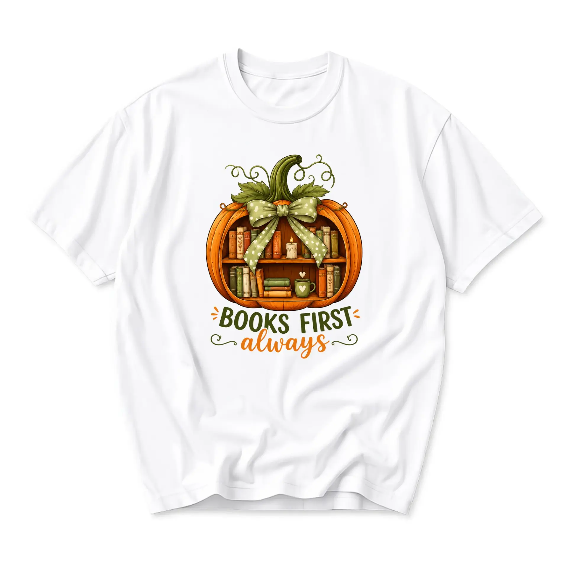Graphic Tee Books First Always Pumpkin Autumn Aesthetic Unisex Casual Cotton Crew Neck Short Sleeve Shirt Apparel