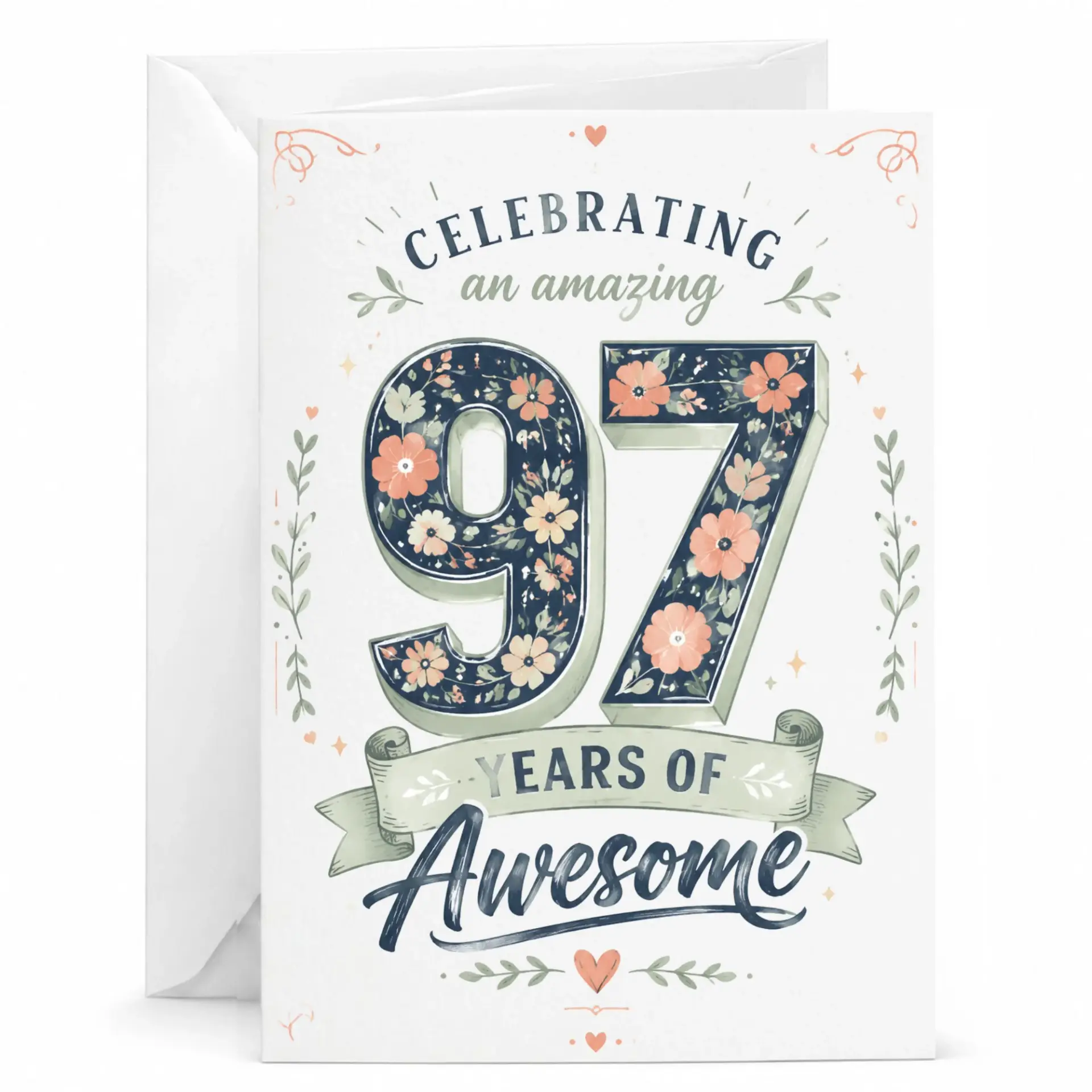 Birthday Card Celebrating 97 Years of Awesome Floral Typography Design for Milestone Anniversary and Milestone Celebration
