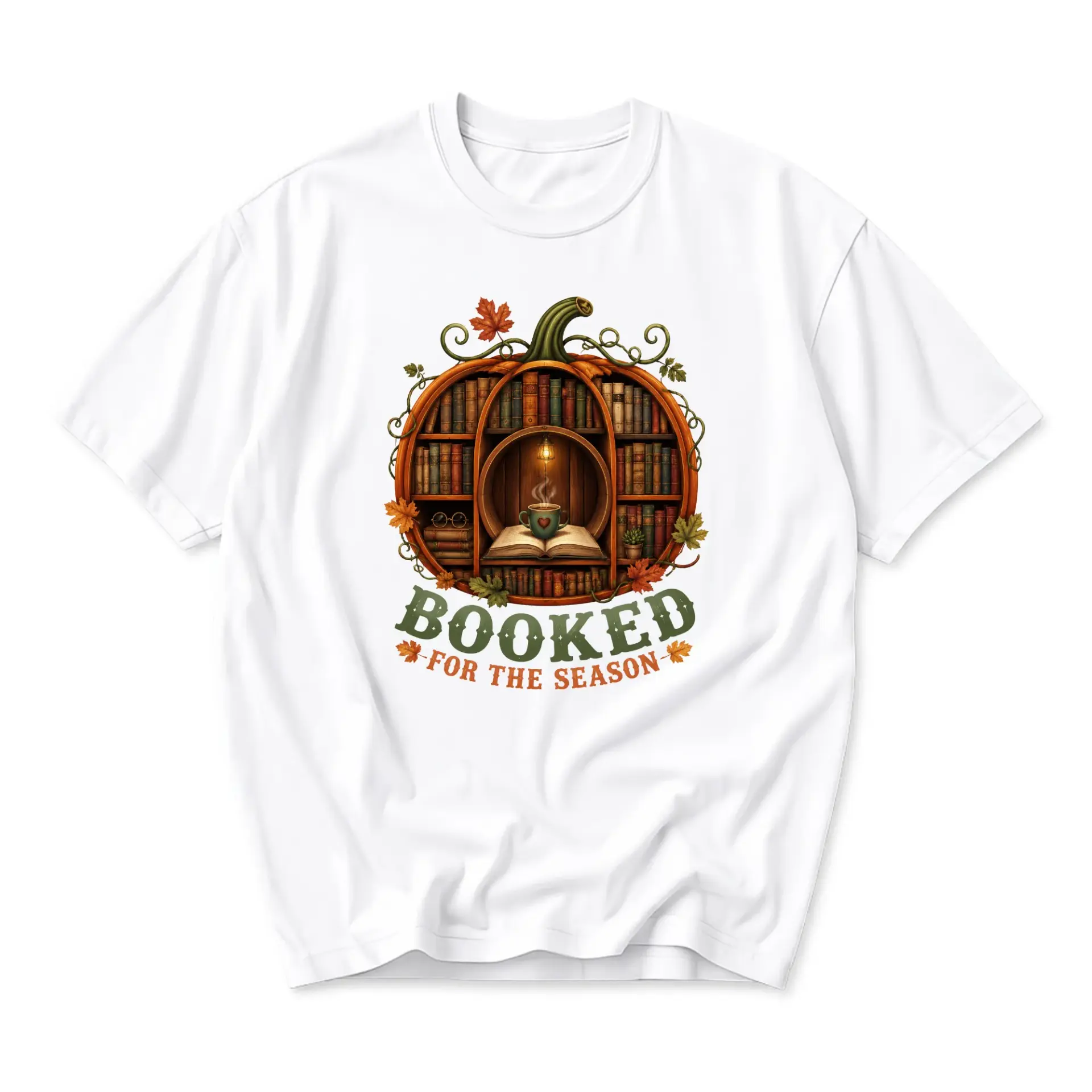 Graphic Tee Booked for the Season Fall Reading Pumpkin Unisex Crew Neck Cotton Blend Casual Short Sleeve Shirt