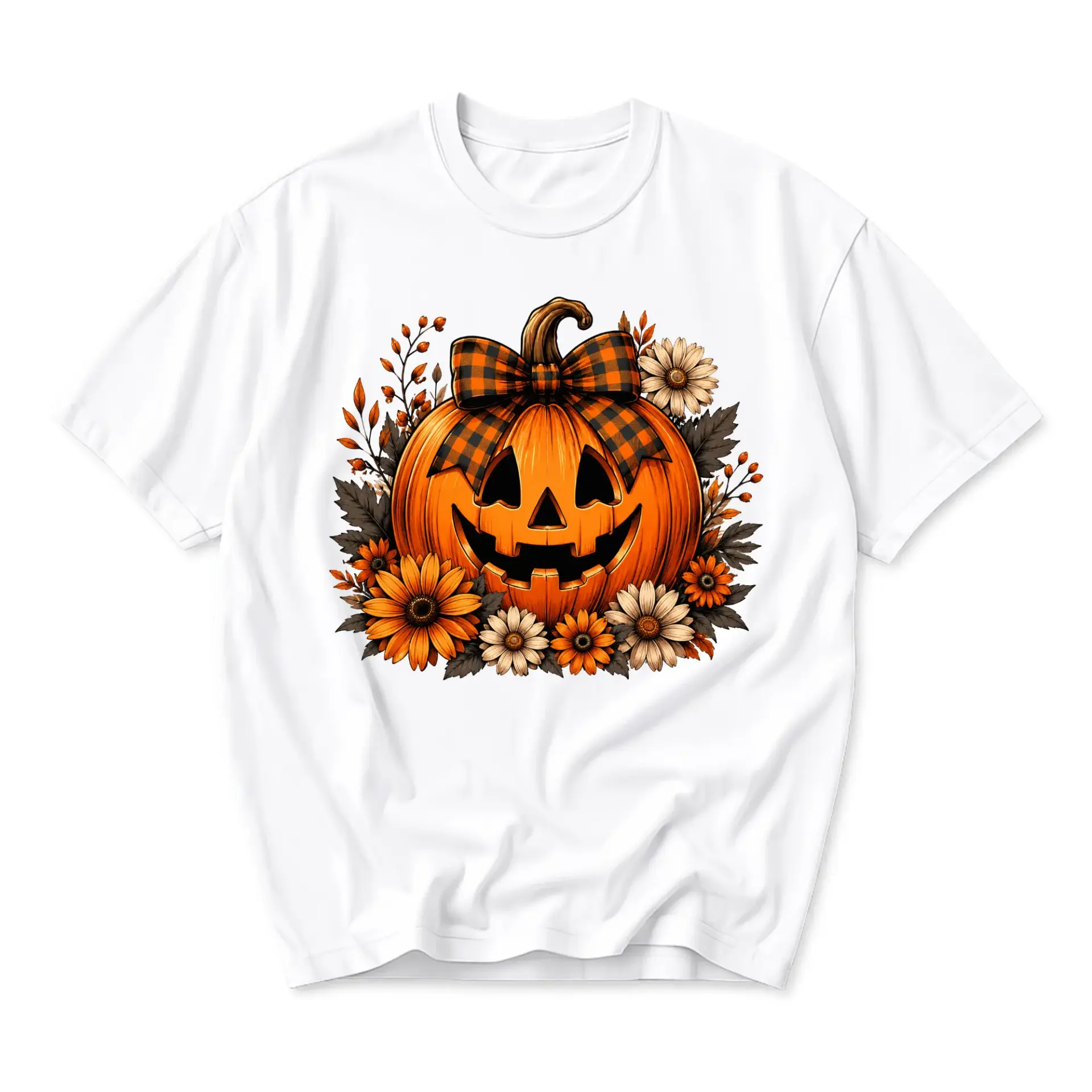 Graphic Tee Pumpkin with Plaid Bow and Autumn Flowers Festive Fall Season Unisex Casual Crew Neck Soft Cotton Shirt