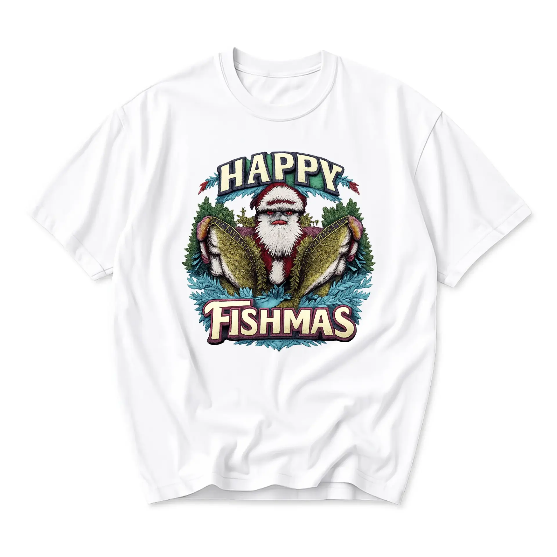 Funny Shirt Happy Fishmas Santa Claus Holding Large Fish Graphic Print Unisex Casual Crew Neck Holiday T-Shirt White
