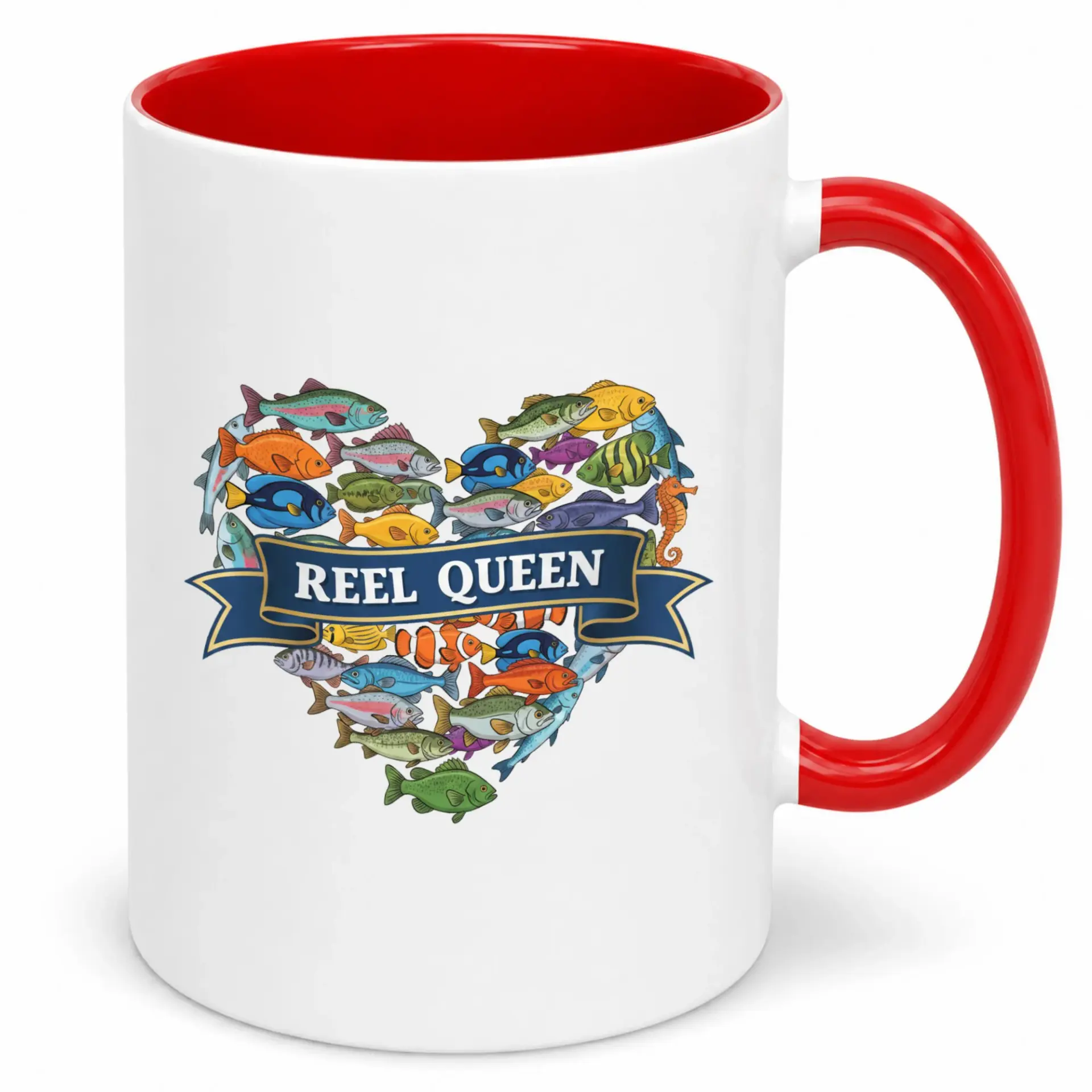 Funny Fishing Reel Queen Ceramic Coffee Mug for Anglers Women Fish Lovers 11oz or 15oz White Cup with Red Handle Interior