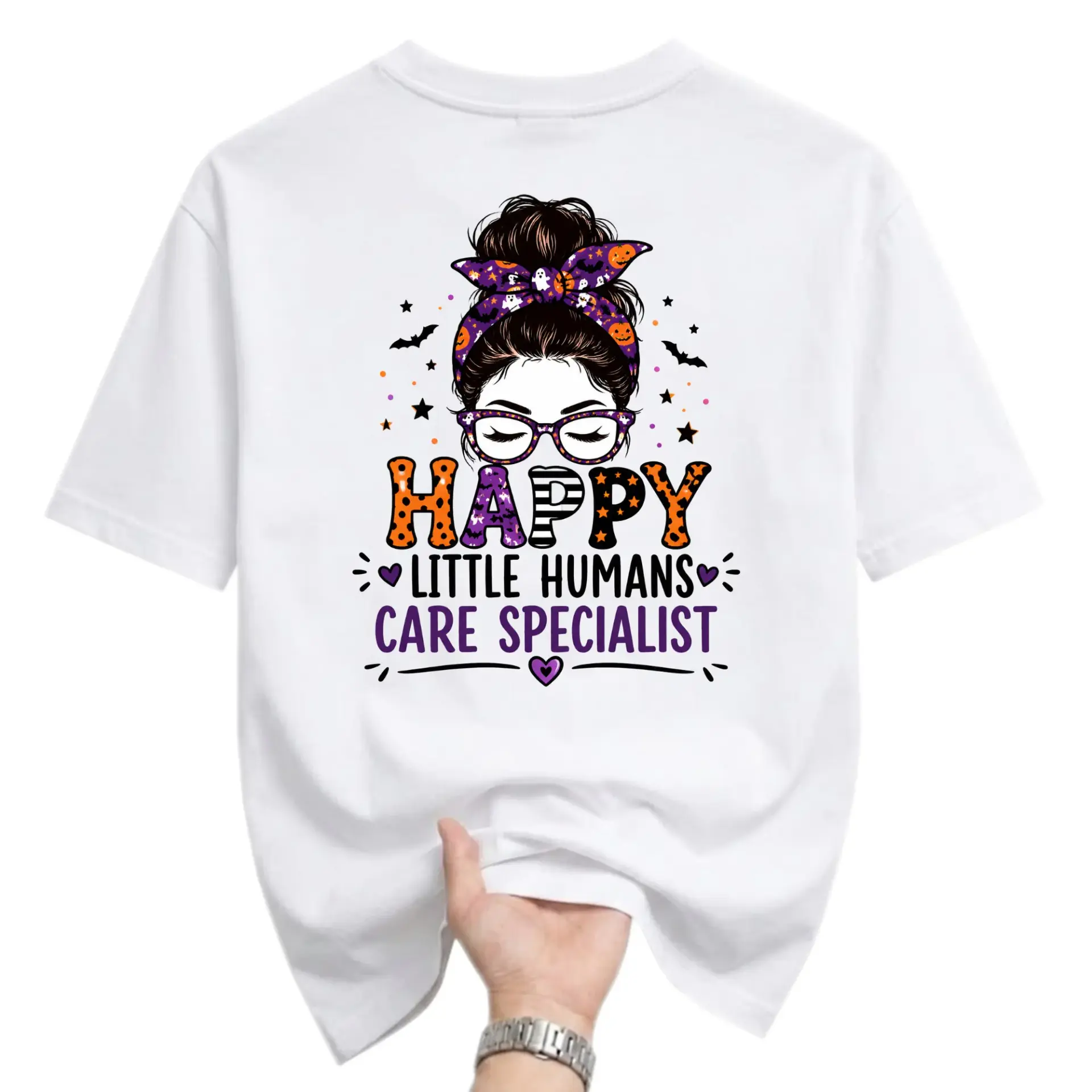 Graphic Tee Happy Little Humans Care Specialist Shirt Unisex Casual Crew Neck Top for Professionals and Educators