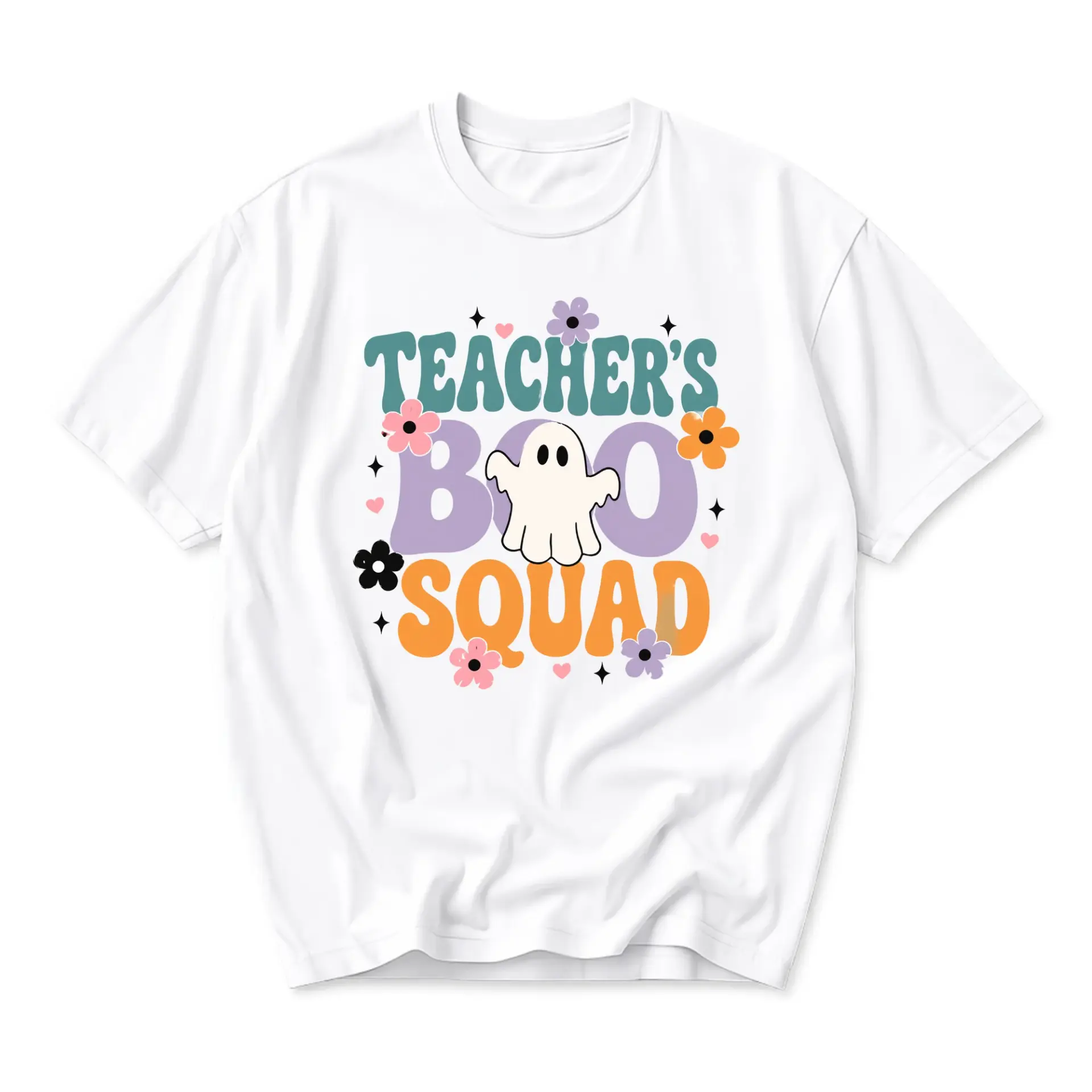 Graphic Tee Teacher's Boo Squad Retro Halloween Ghost Shirt for Educators Fun Seasonal Casual Unisex Apparel White