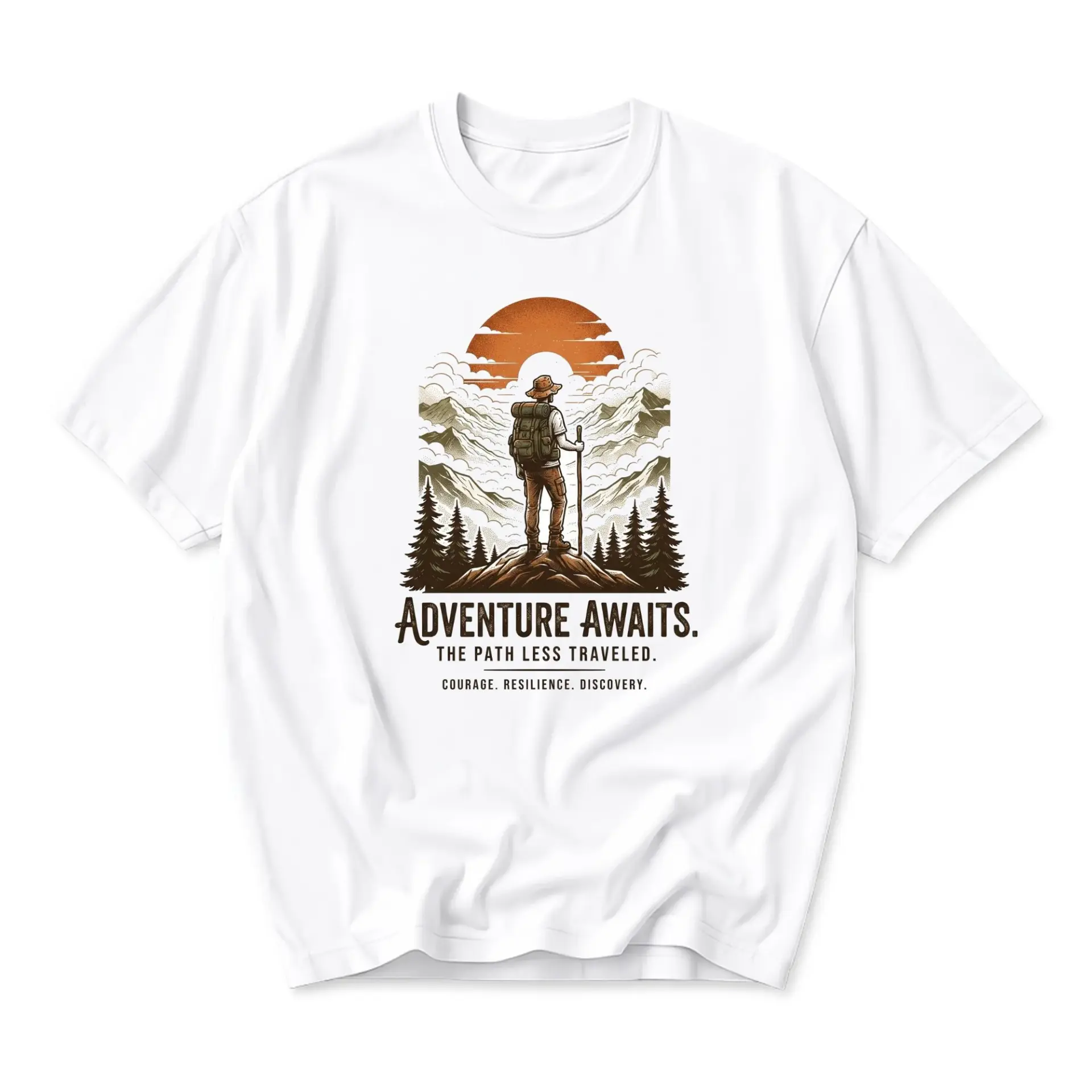 Graphic Tee Adventure Awaits Mountain Hiking T-Shirt Outdoors Nature Discovery Unisex Crew Neck Casual Everyday Shirt