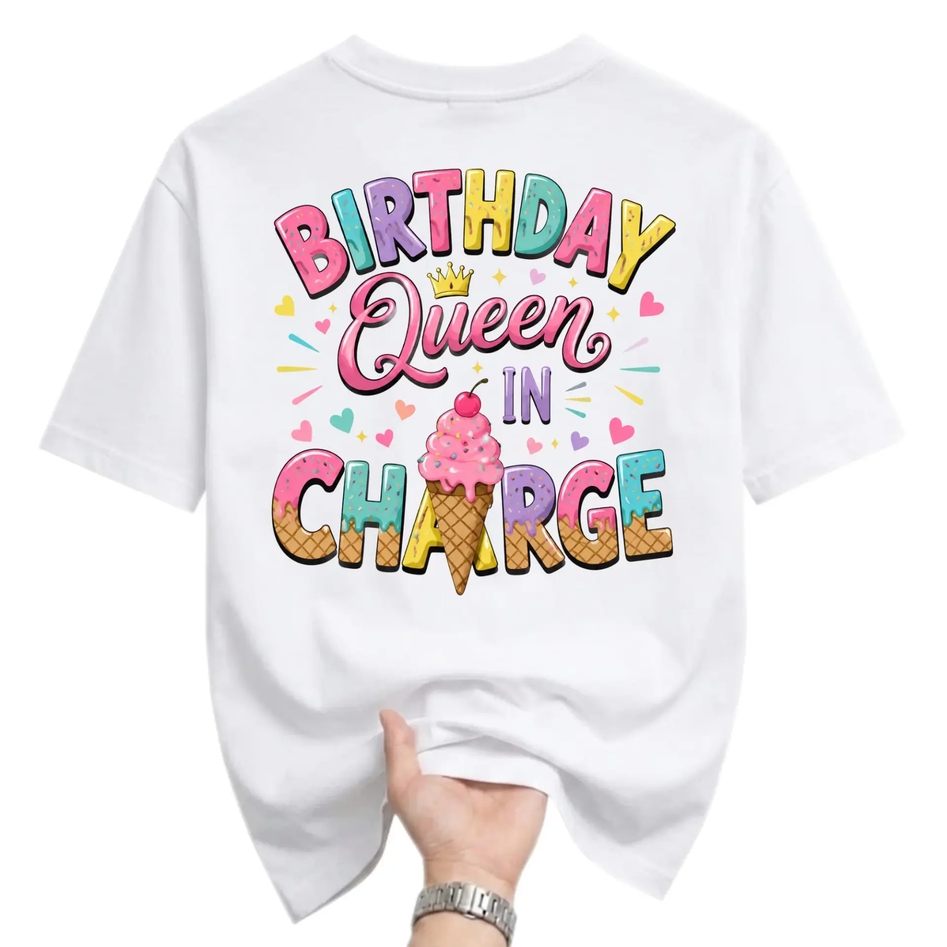 Birthday Queen in Charge Graphic Tee Unisex Crew Neck Casual Everyday Shirt for Celebration Enthusiasts White