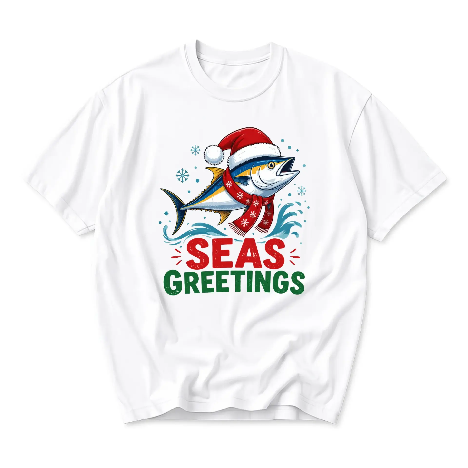 Funny Shirt Seas Greetings Christmas Graphic Tee White Unisex Crew Neck Casual Everyday Wear Soft Cotton Blend Top