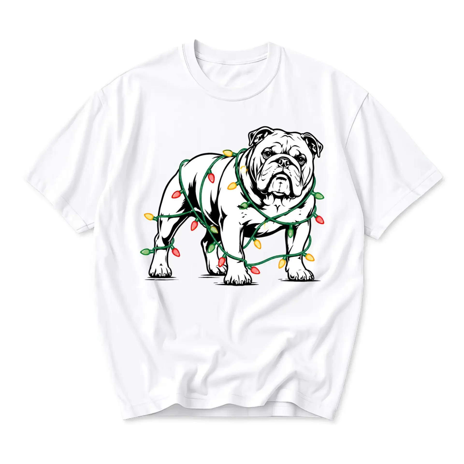Graphic Tee Wrapped in Colorful Holiday Christmas Lights Illustration