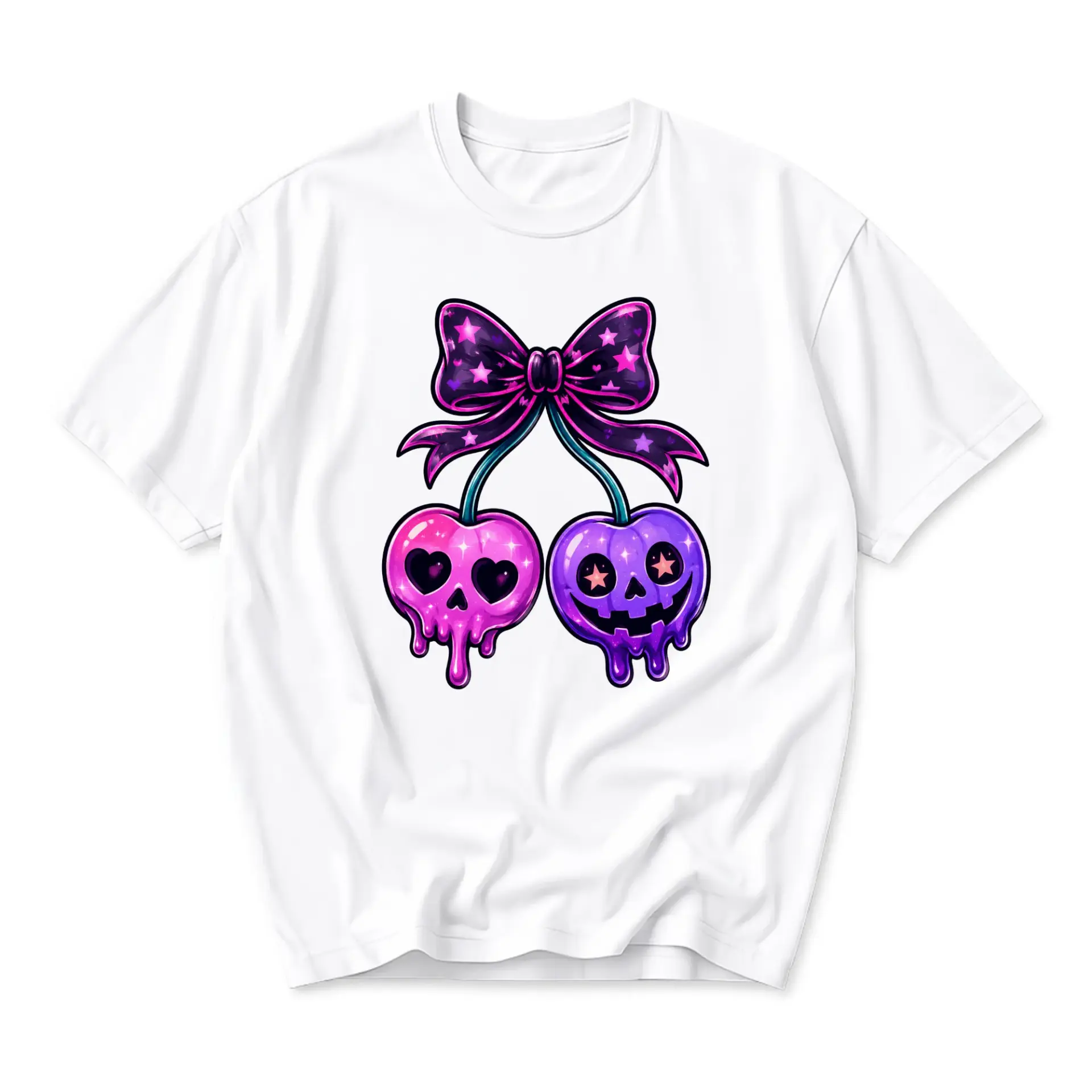 Graphic Tee Unisex Crew Neck T-Shirt Featuring Spooky Melting Cherry Skull Art with Decorative Star Bow Design