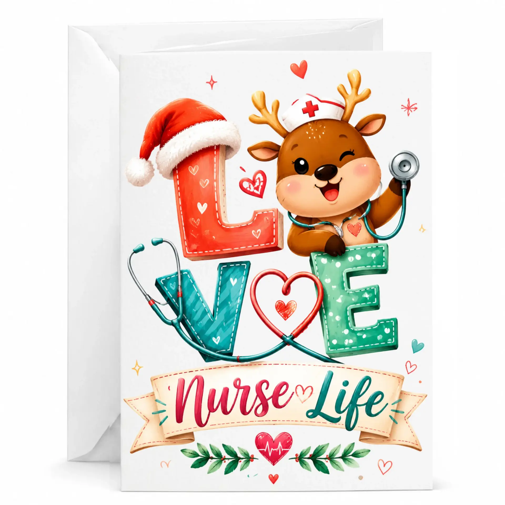 Greeting Card Nurse Life Reindeer Design Holiday Medical Appreciation Stationery Folded 5x7 Note Card with White Envelope