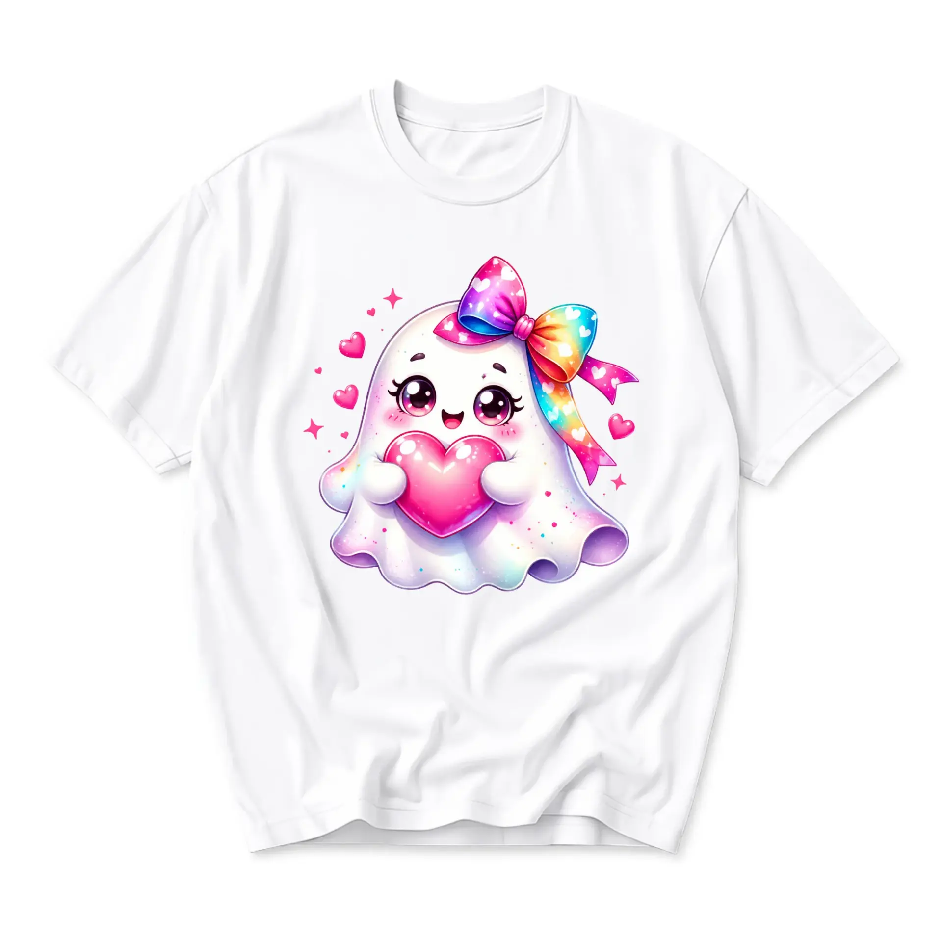 Graphic Tee Unisex Crew Neck Short Sleeve Shirt Featuring Cute Kawaii Ghost Holding a Pink Heart with Rainbow Bow Design