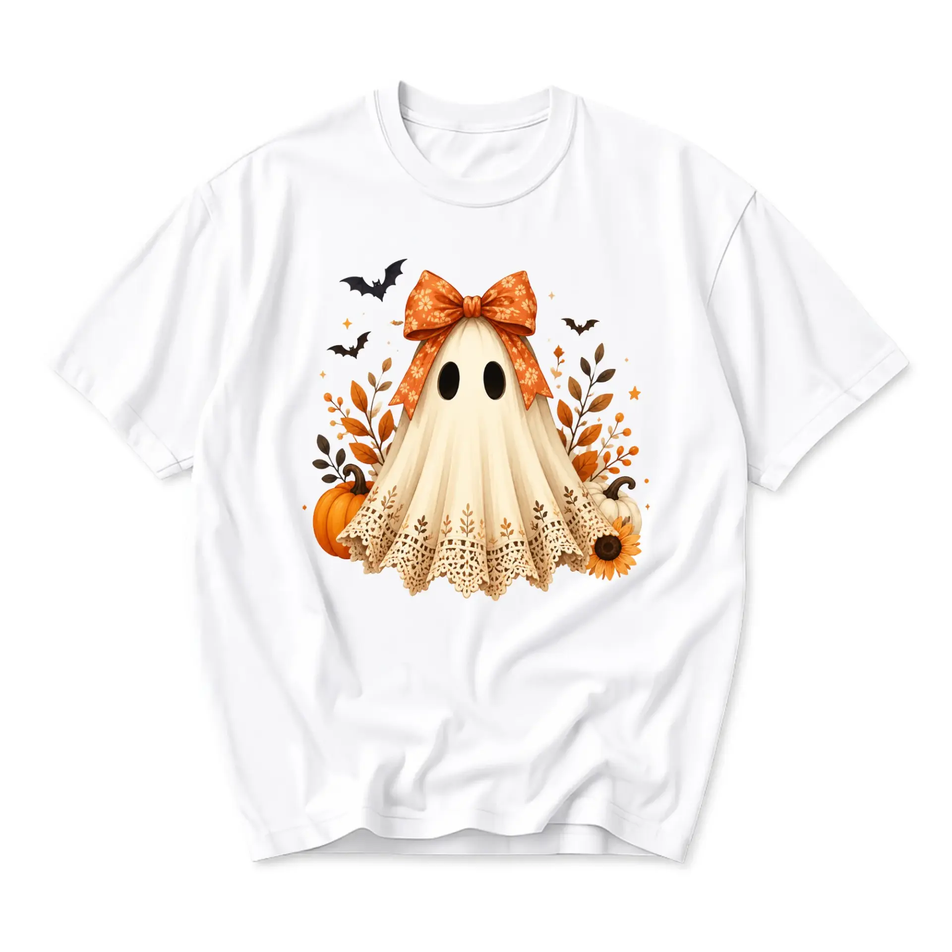 Graphic Tee Ghost with Bow and Pumpkins Unisex Crew Neck Casual Everyday Wear Autumn Seasonal Cotton Blend Shirt