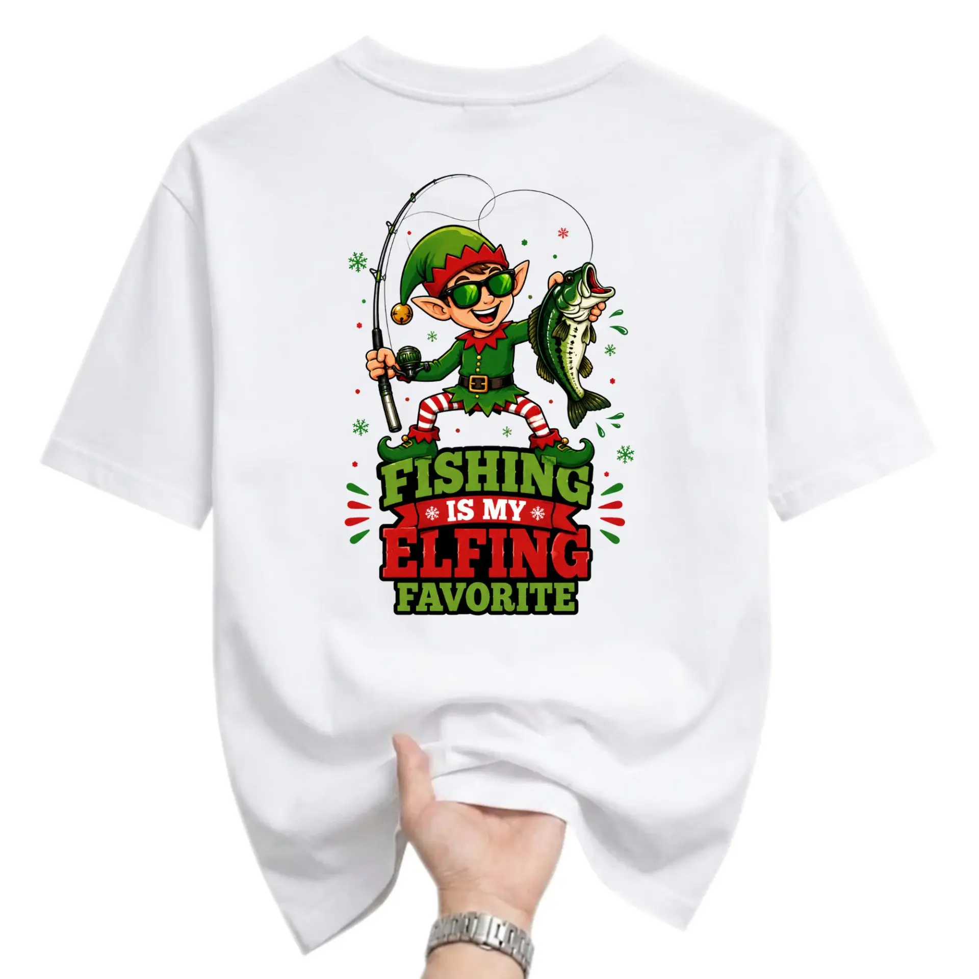 Funny Shirt Fishing Is My Elfing Favorite Holiday Graphic Tee Unisex Casual Cotton Crew Neck Short Sleeve Top