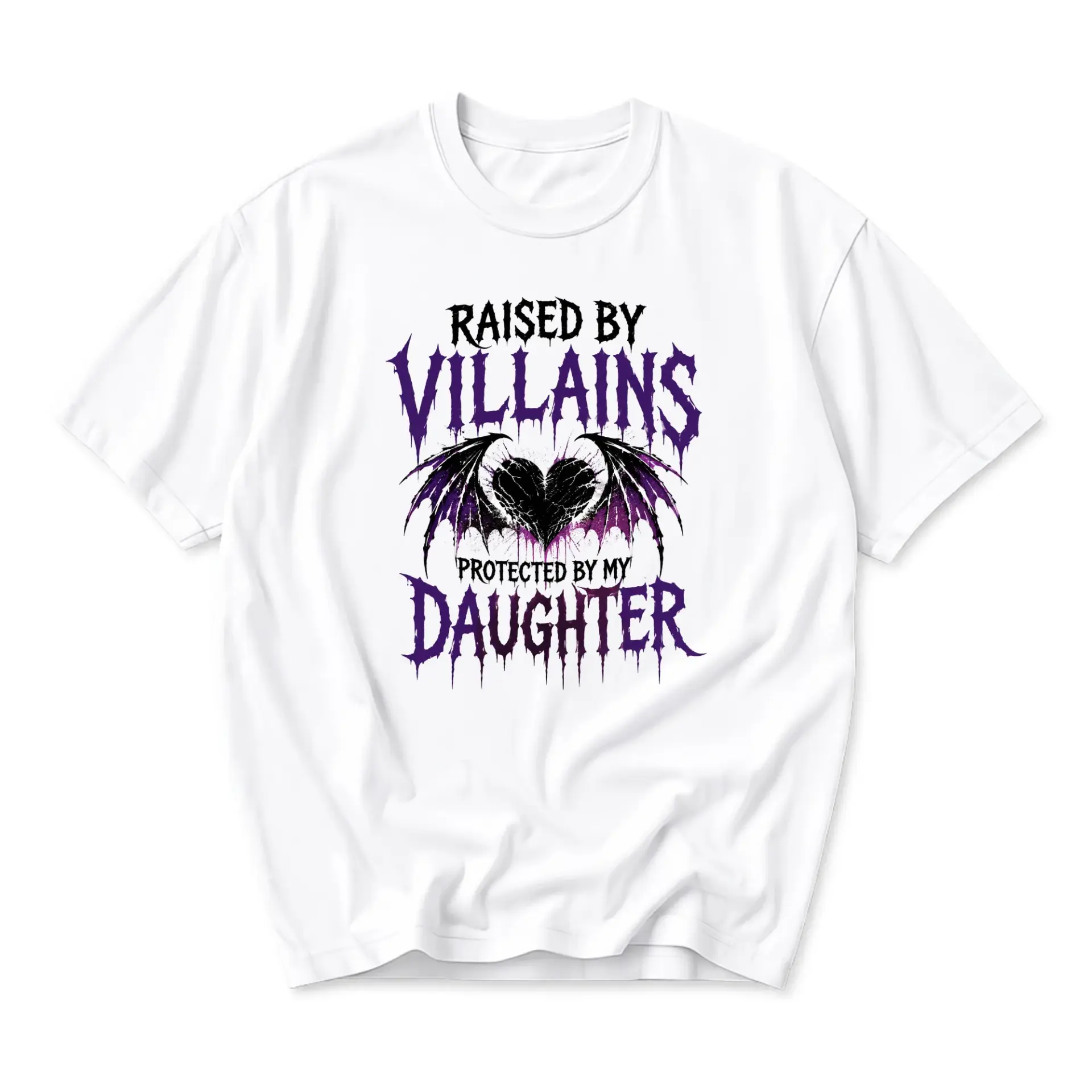 Funny Shirt Raised by Villains Protected by My Daughter Graphic Tee Unisex Crew Neck Casual Cotton Blend Top