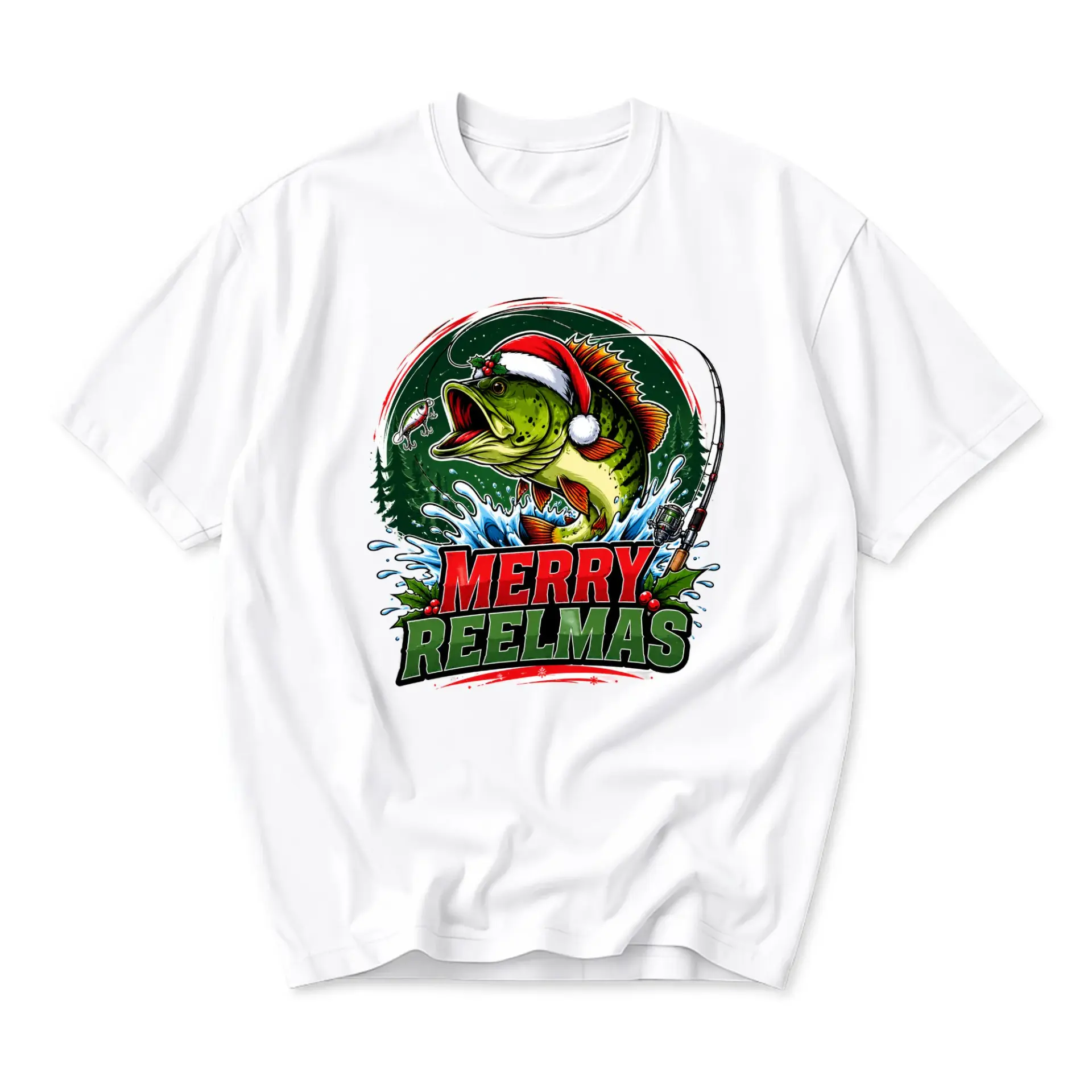 Funny Shirt Merry Reelmas Fishing Graphic Tee Unisex Short Sleeve Crew Neck