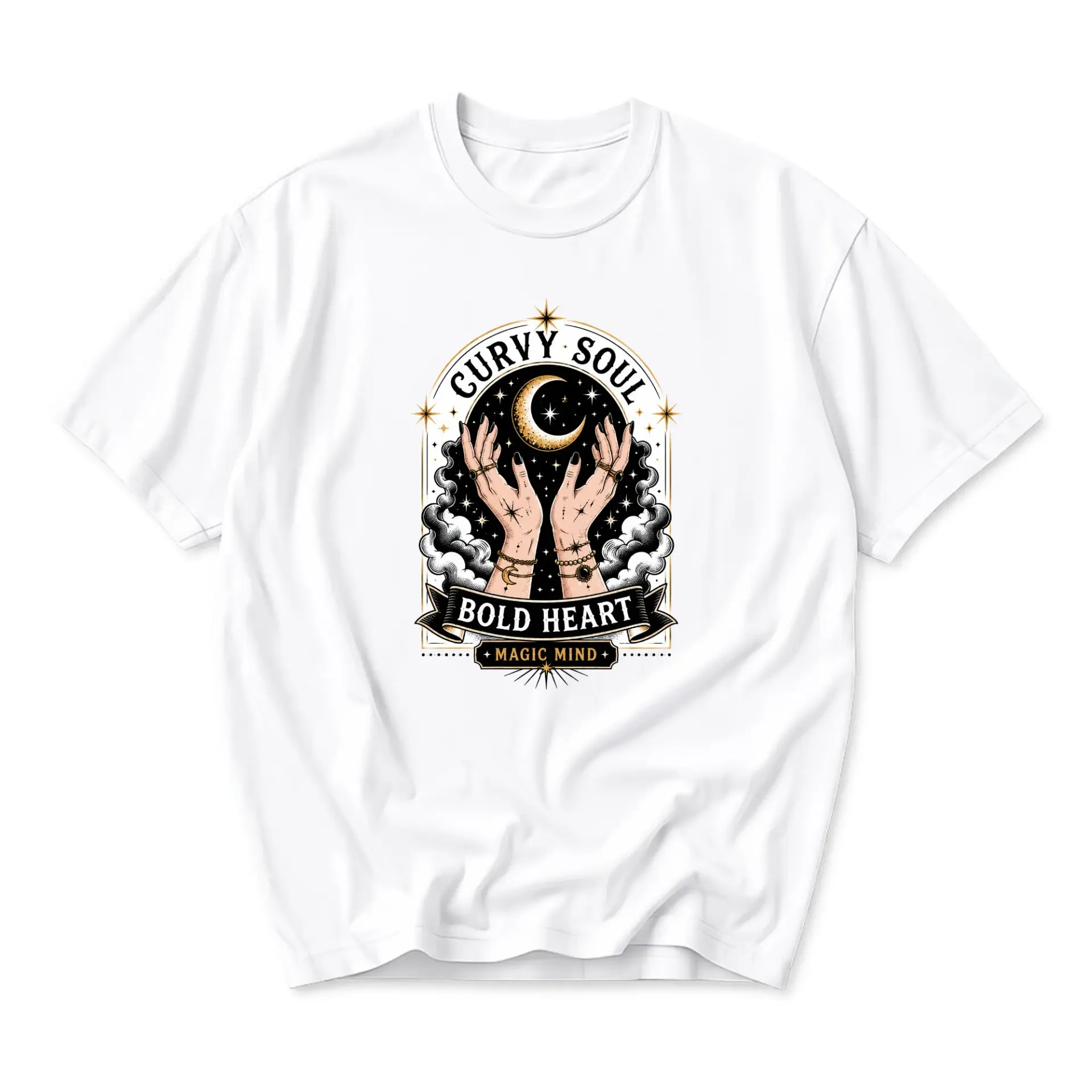 Graphic Tee Curvy Soul Bold Heart Magic Mind Celestial Hands Illustration Unisex Crew Neck Comfortable Casual Cotton Shirt