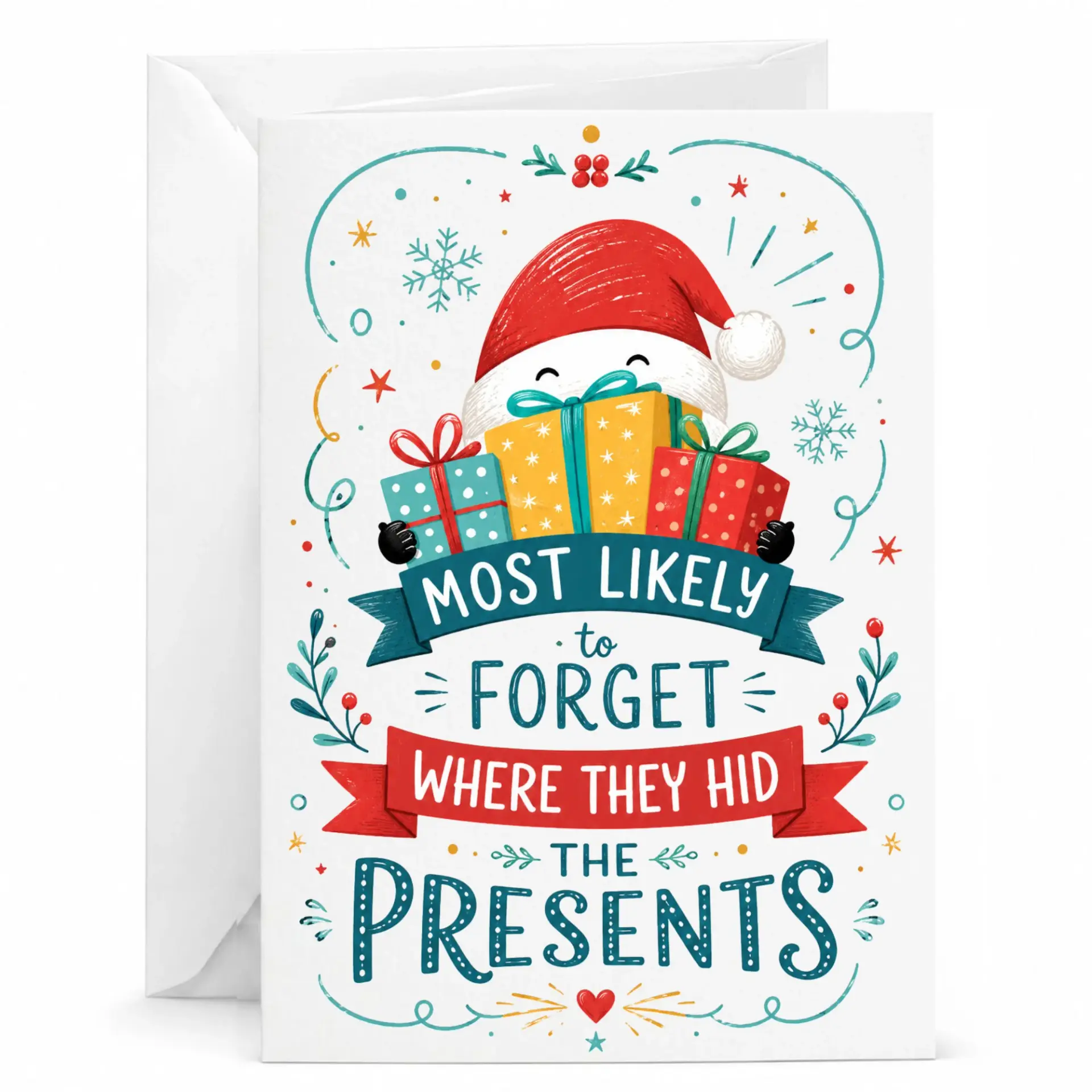 Funny Holiday Greeting Card Featuring Festive Character Holding Presents for Seasonal Cheer and Winter Gift Giving