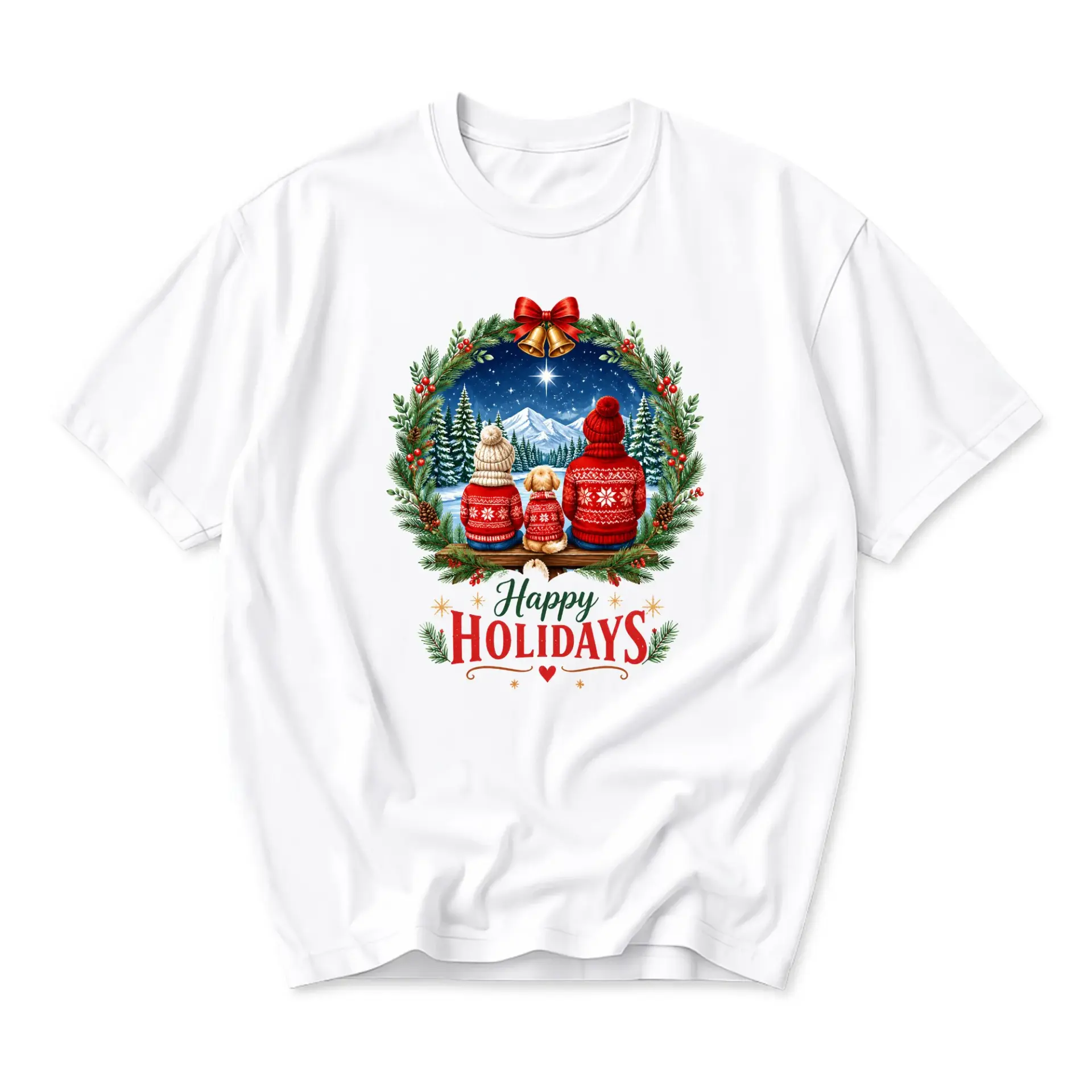 Graphic Tee Happy Holidays Festive Scene Printed T-Shirt Featuring Two
