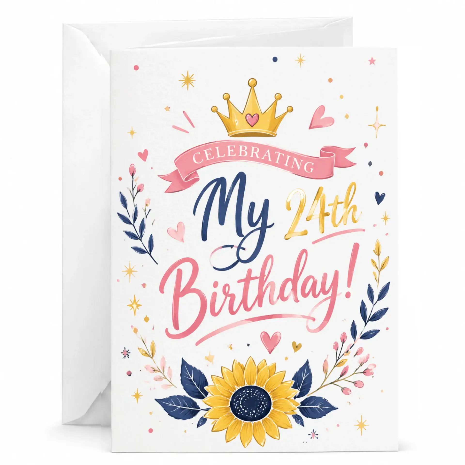 Birthday Card Celebrating My 24th Birthday Elegant Floral Gold Crown Design 5x7 Folded Greeting Card with Envelope
