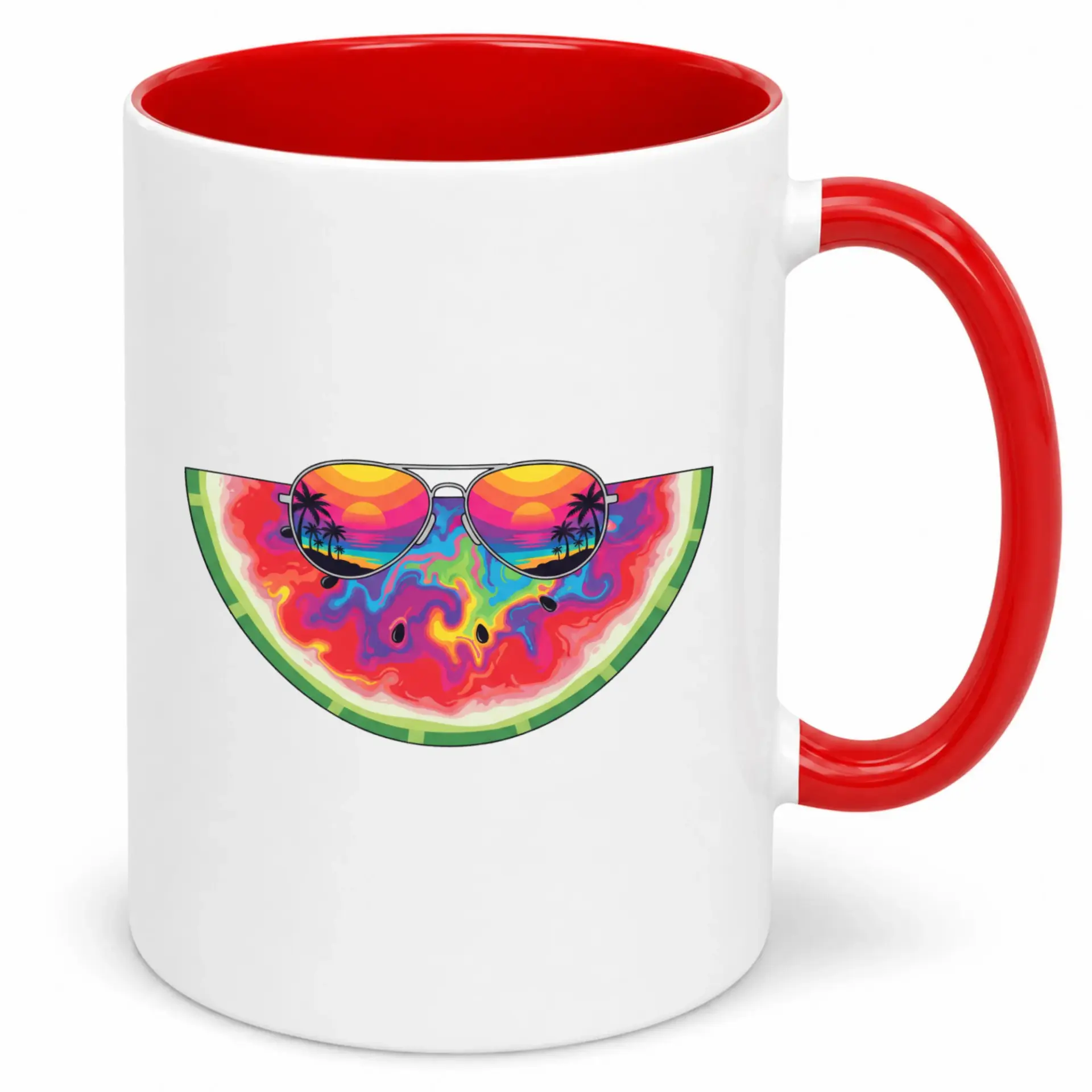 Funny Watermelon Ceramic Coffee Mug with Sunglasses and Sunset Palm Tree Reflection Design, Unique Tropical Summer Drinkware Gift