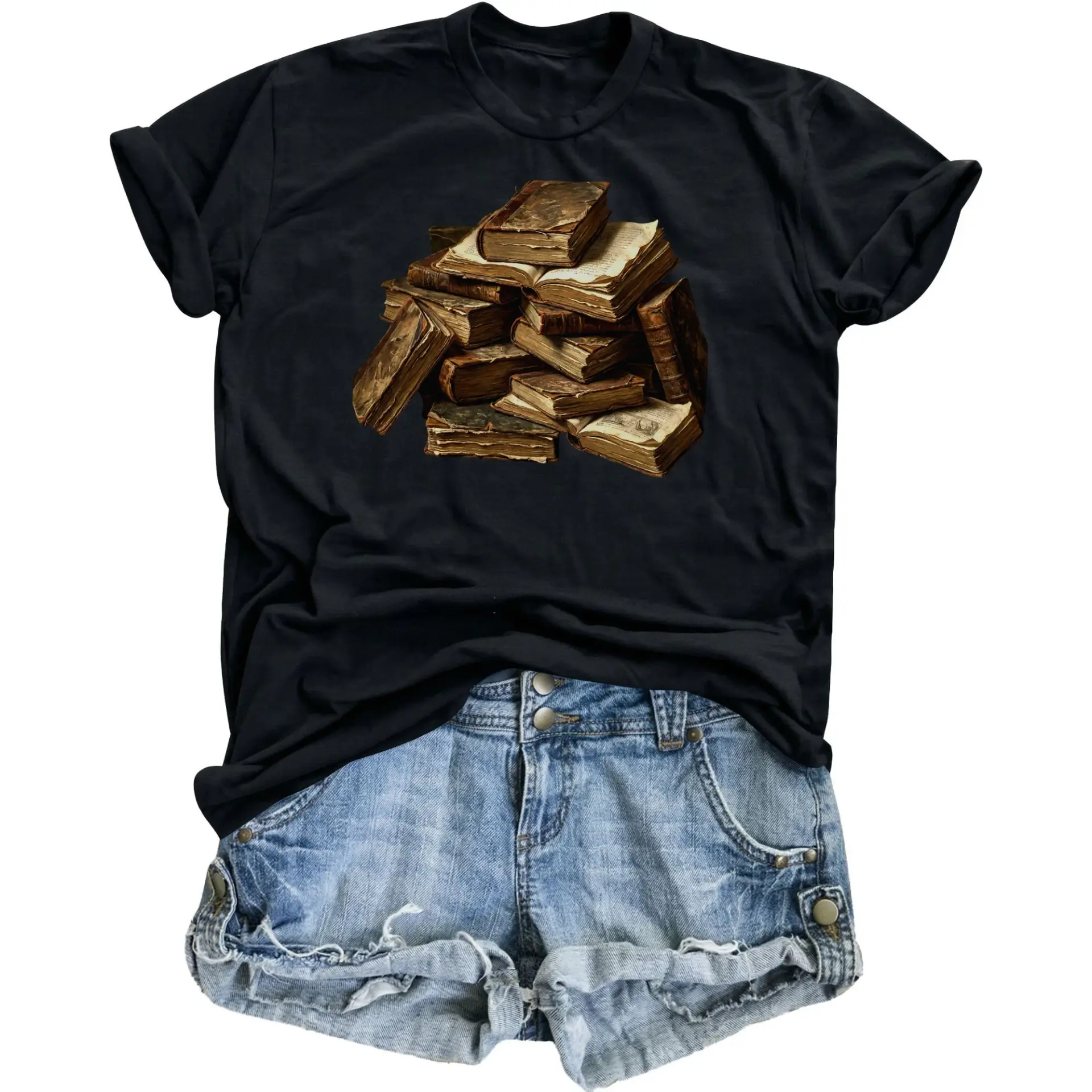 Graphic Tee Unisex Crew Neck Short Sleeve Shirt Featuring a of Vintage Antique Books Design for Literature Lovers