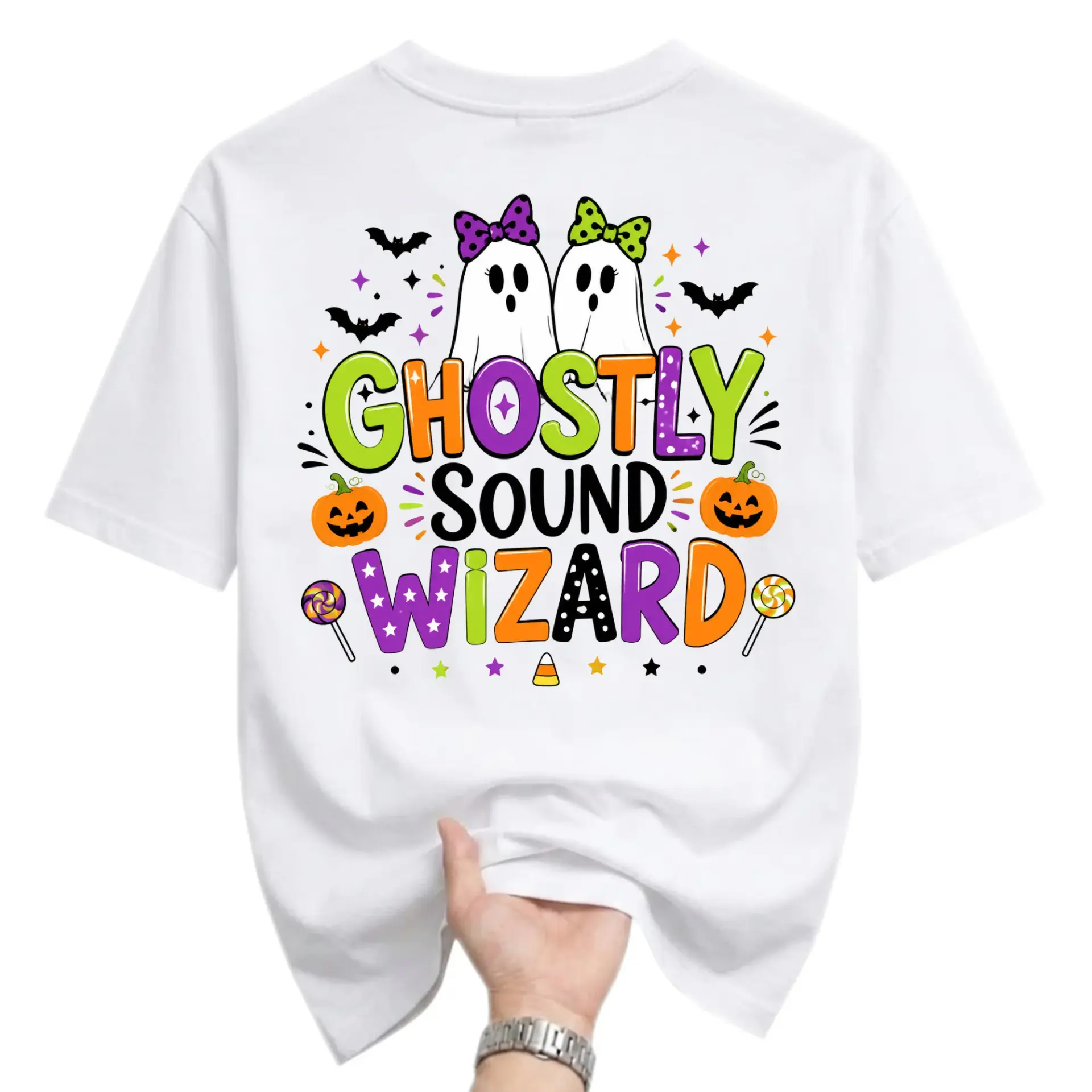 Graphic Tee Ghostly Sound Wizard Funny Shirt for Halloween Party Seasonal Casual Wear Unisex Crew Neck Apparel