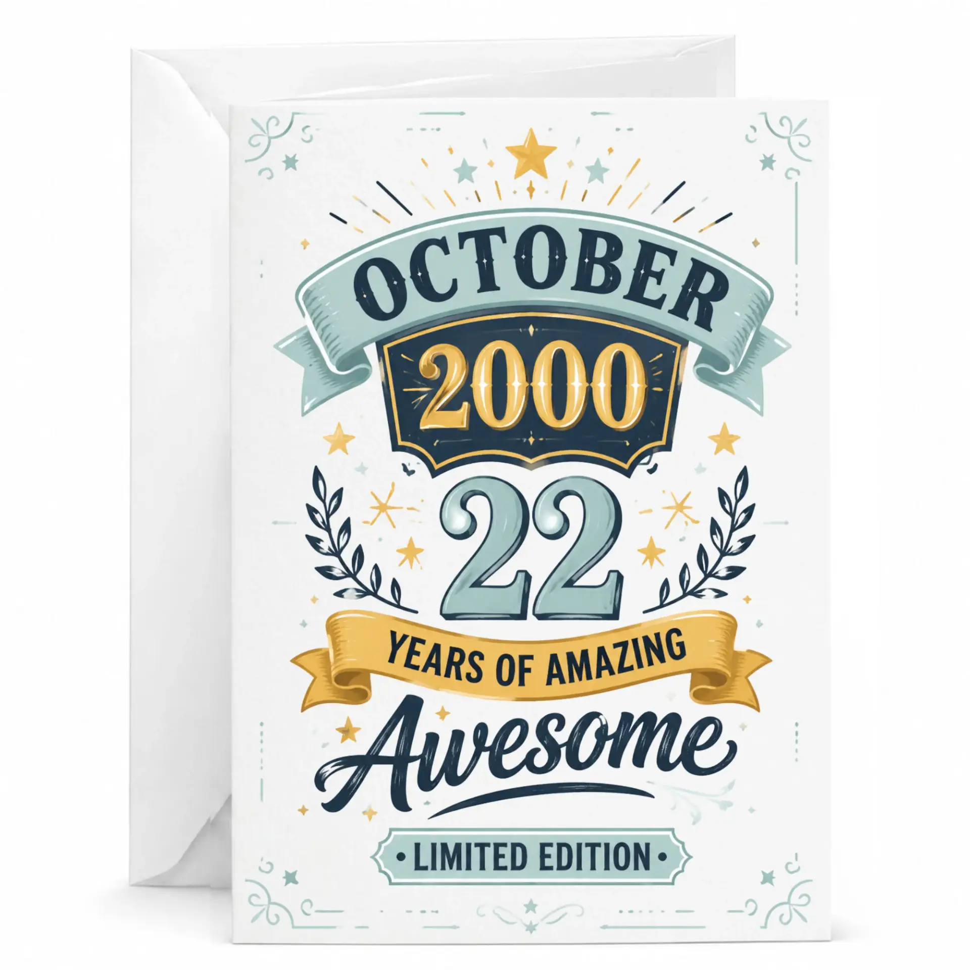 Greeting Card for 22nd Birthday, Vintage Style October 2000 Anniversary Milestone Card with Elegant Gold and Blue Design