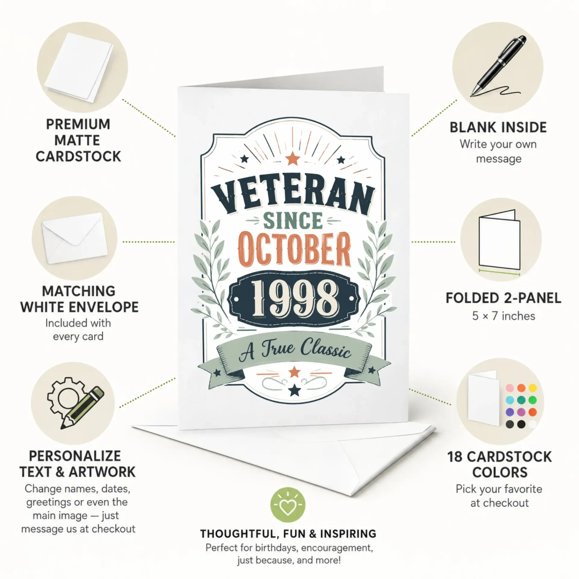 Greeting Card Veteran Since October 1998 a True Classic Vintage Style Professional Print Folded Stationery for Milestone