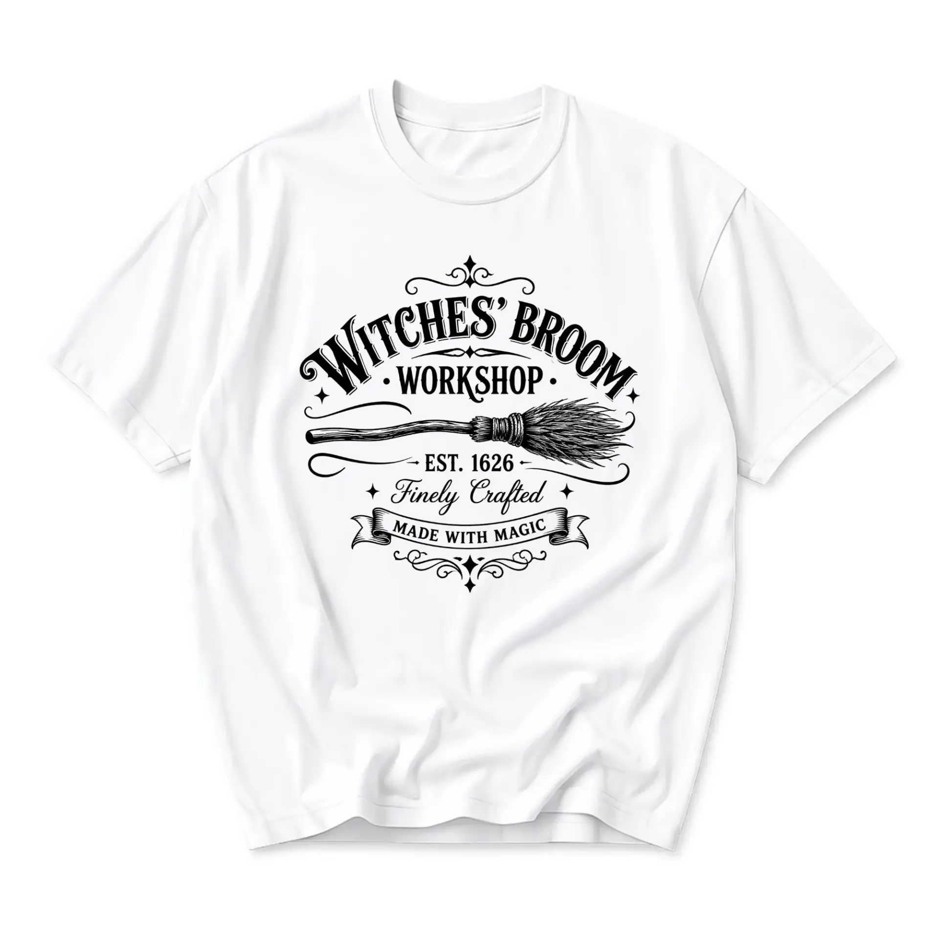 Graphic Tee Witches Broom Workshop Artistic Design Unisex Cotton Crew Neck Short Sleeve Casual Everyday Apparel Shirt