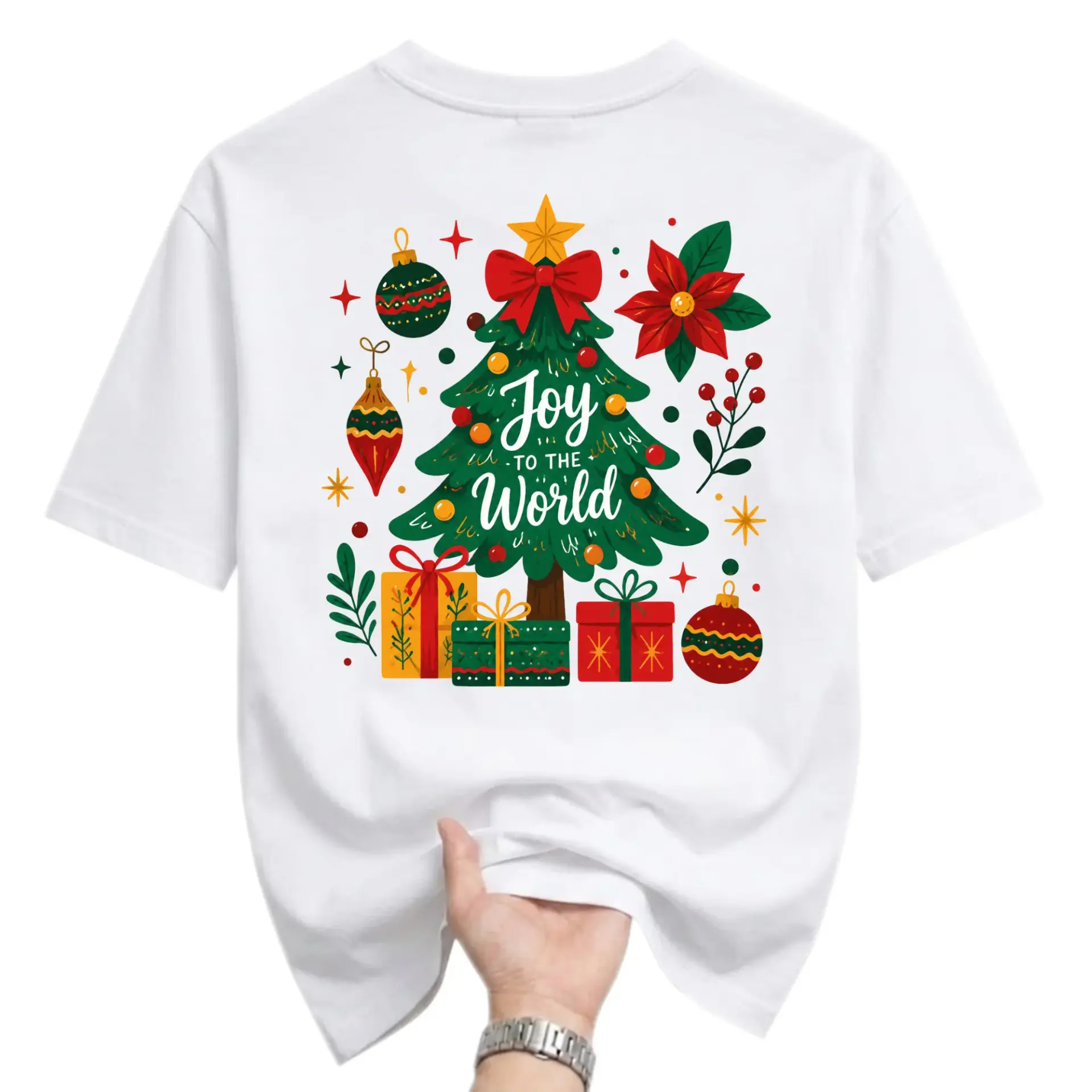 Graphic Tee Joy to the World Christmas Tree Print Unisex Cotton Crew Neck Casual Short Sleeve Holiday Shirt Top