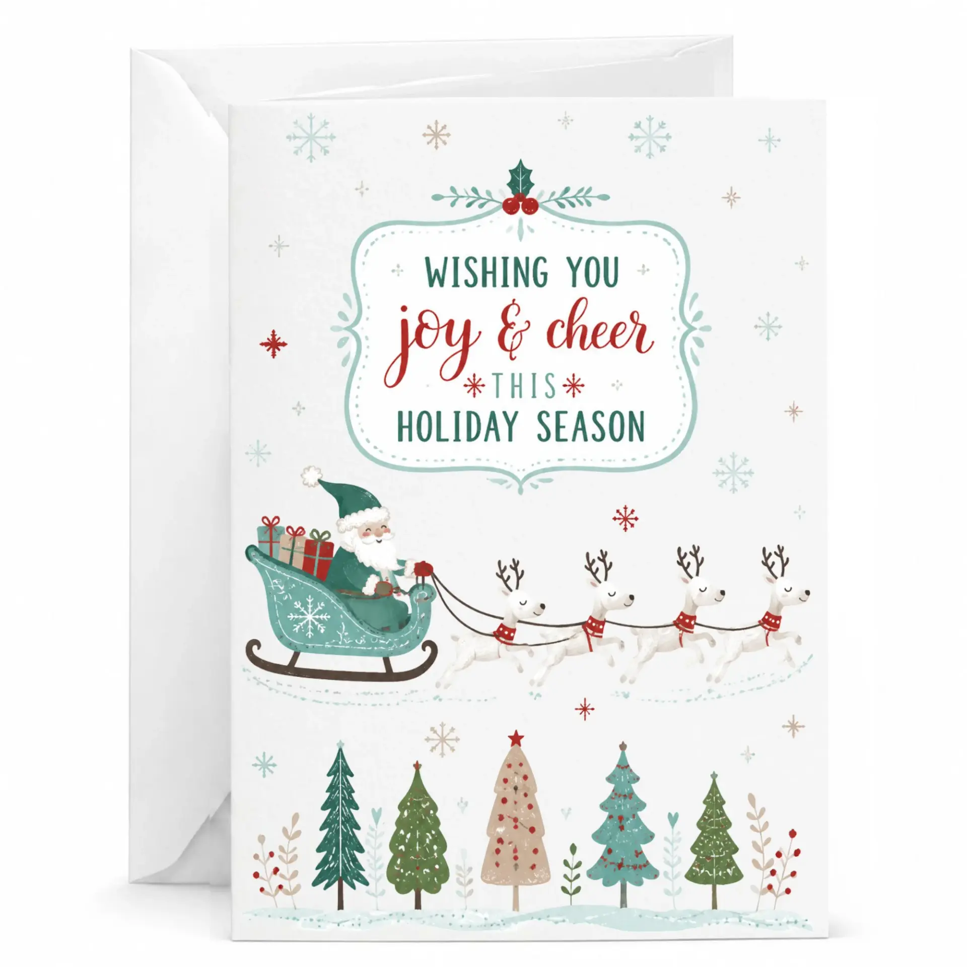 Holiday Greeting Card Wishing You Joy and Cheer with Santa Sleigh Design, Festive Christmas Note Card 5x7 Inches