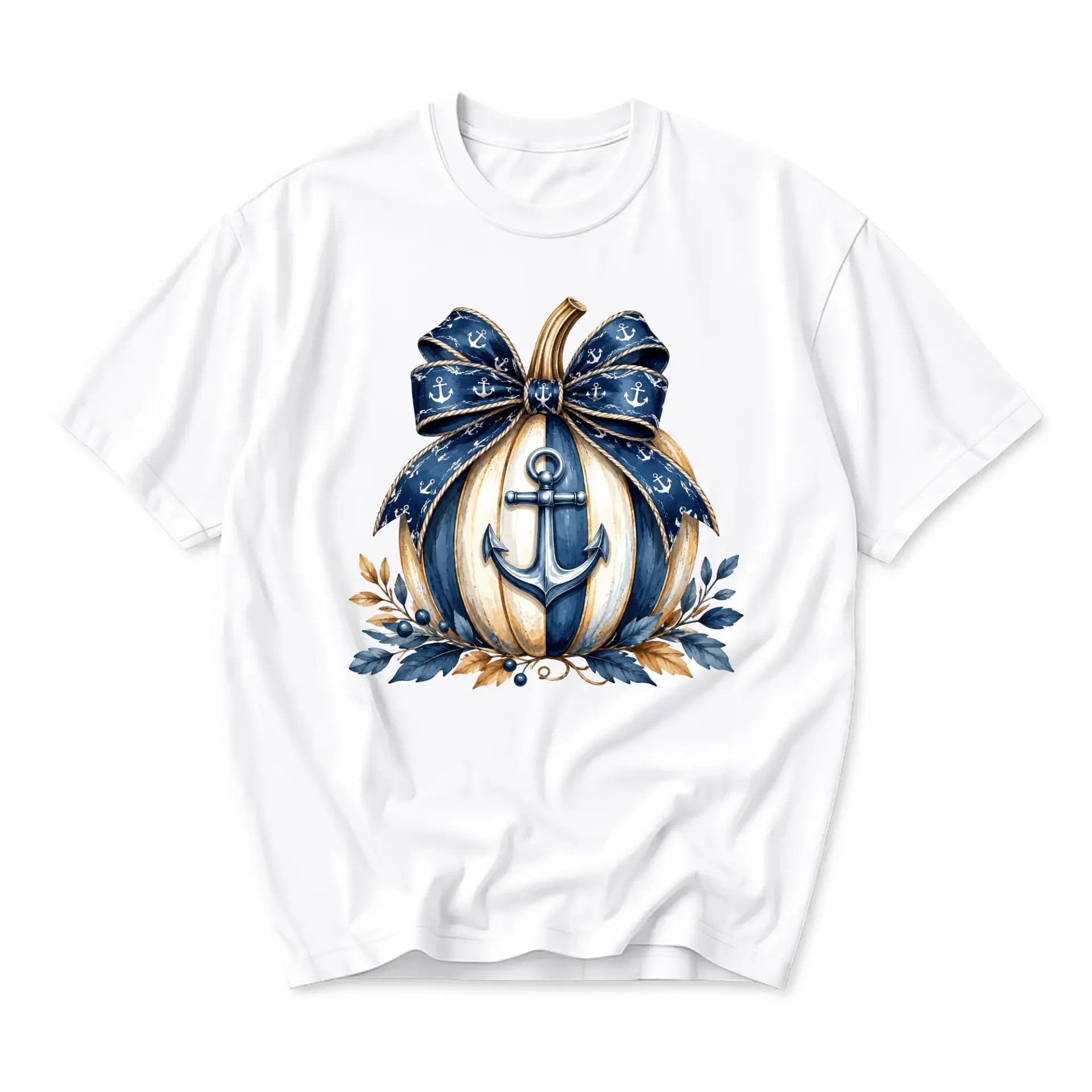 Graphic Tee Nautical Pumpkin T-Shirt with Anchor Motif Coastal Fall Theme Unisex Casual Short Sleeve Shirt