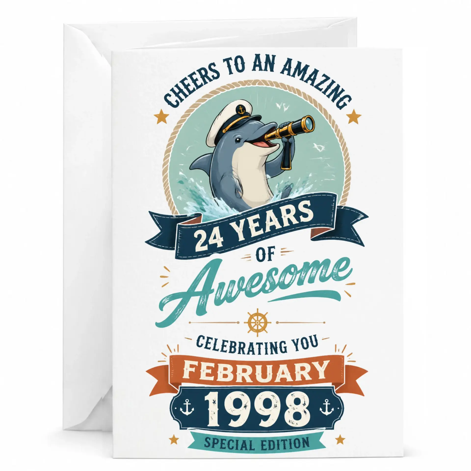 Birthday Card for 24 Years Old, Funny Nautical Dolphin 24th Birthday Greeting Card with Envelope, Milestone Celebration