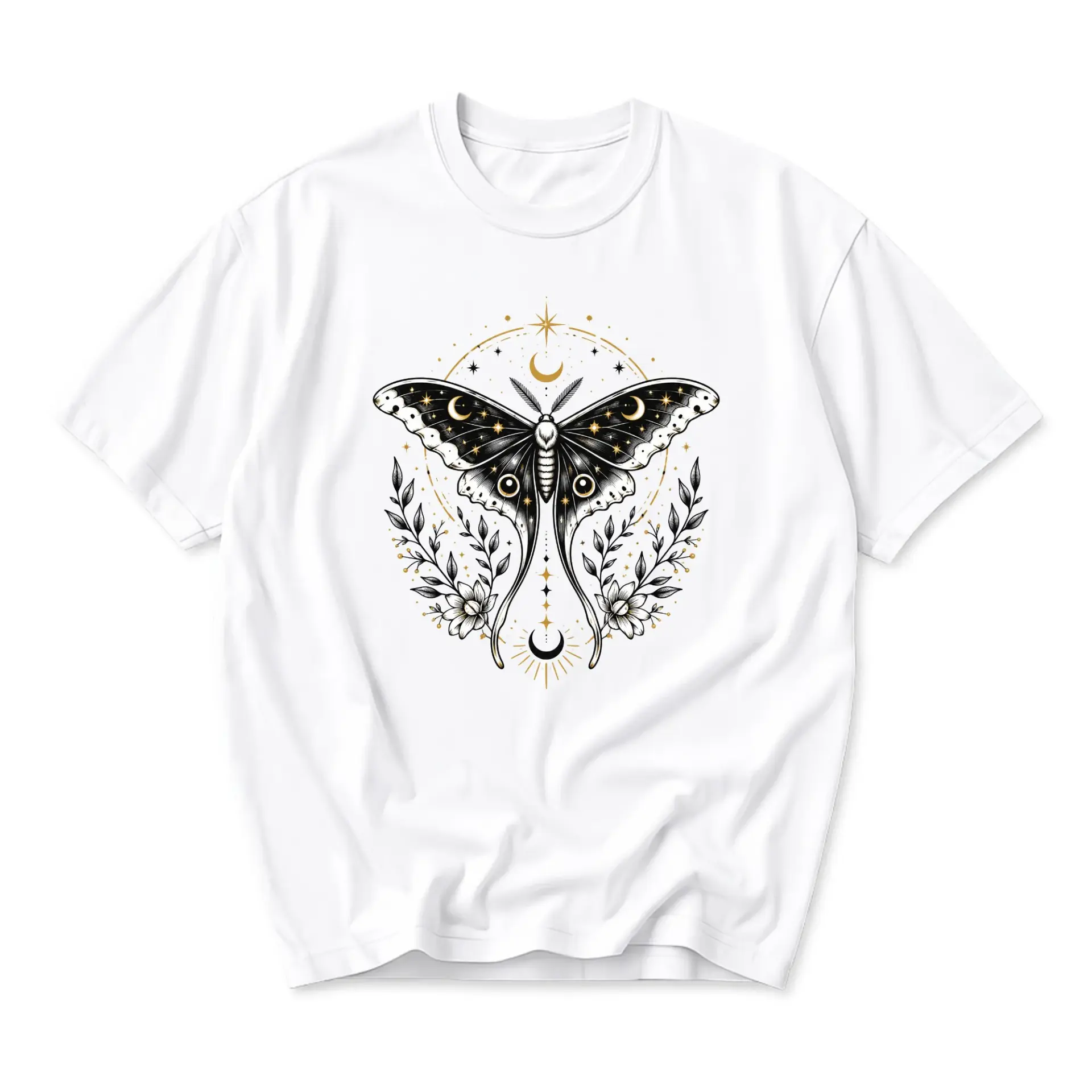 Graphic Tee Celestial Moth Art Print Unisex Crew Neck Shirt for Casual Everyday Wear and Artistic Style Enthusiasts