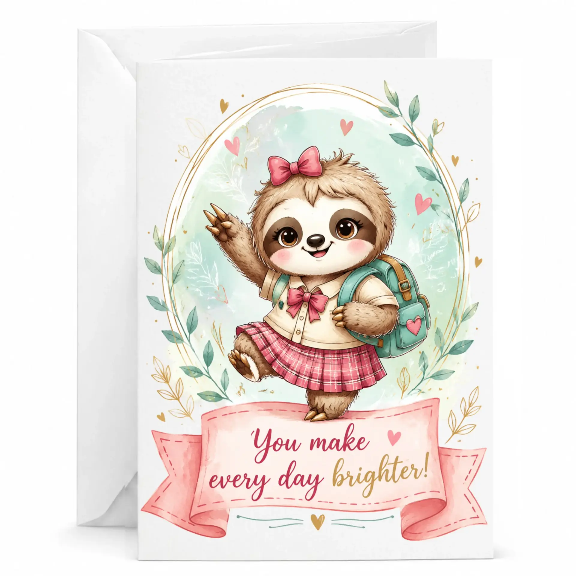 Greeting Card with Cute Sloth Design You Make Brighter Inspirational 5x7 Inches Folded Stationary
