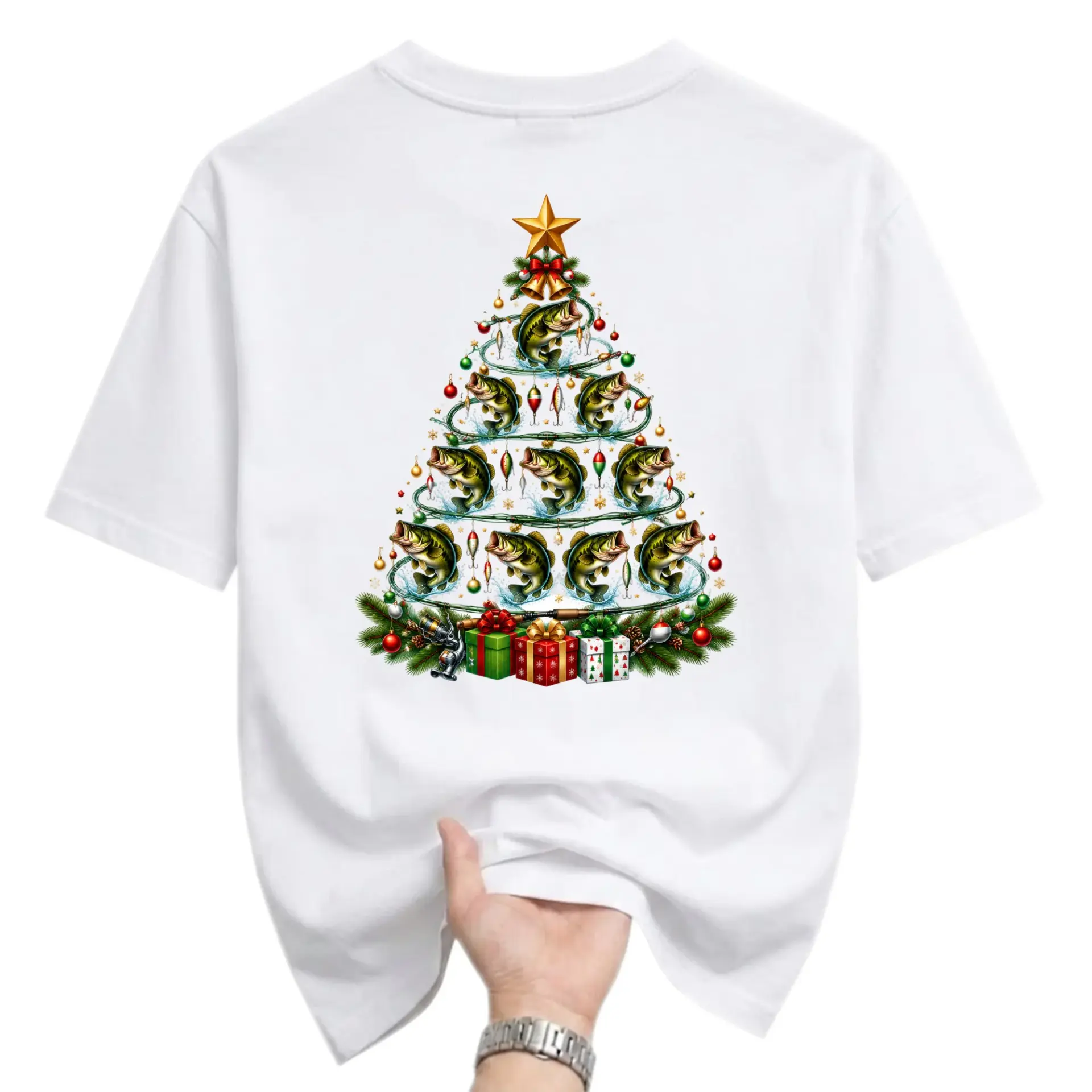Graphic Tee Unisex Short Sleeve T-Shirt Fishing Christmas Tree Print